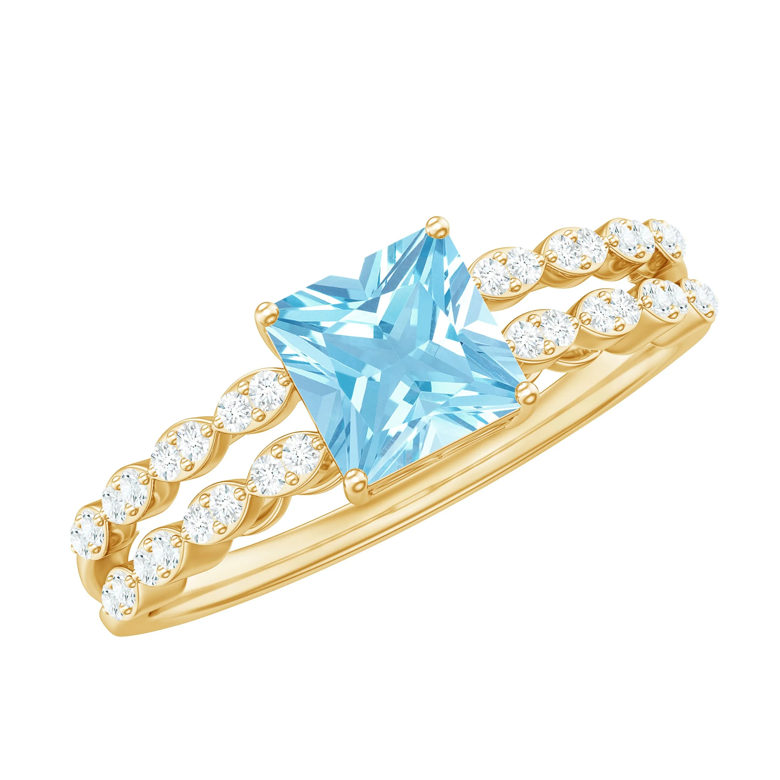 Princess Cut Aquamarine Solitaire Double Band Ring with Diamond