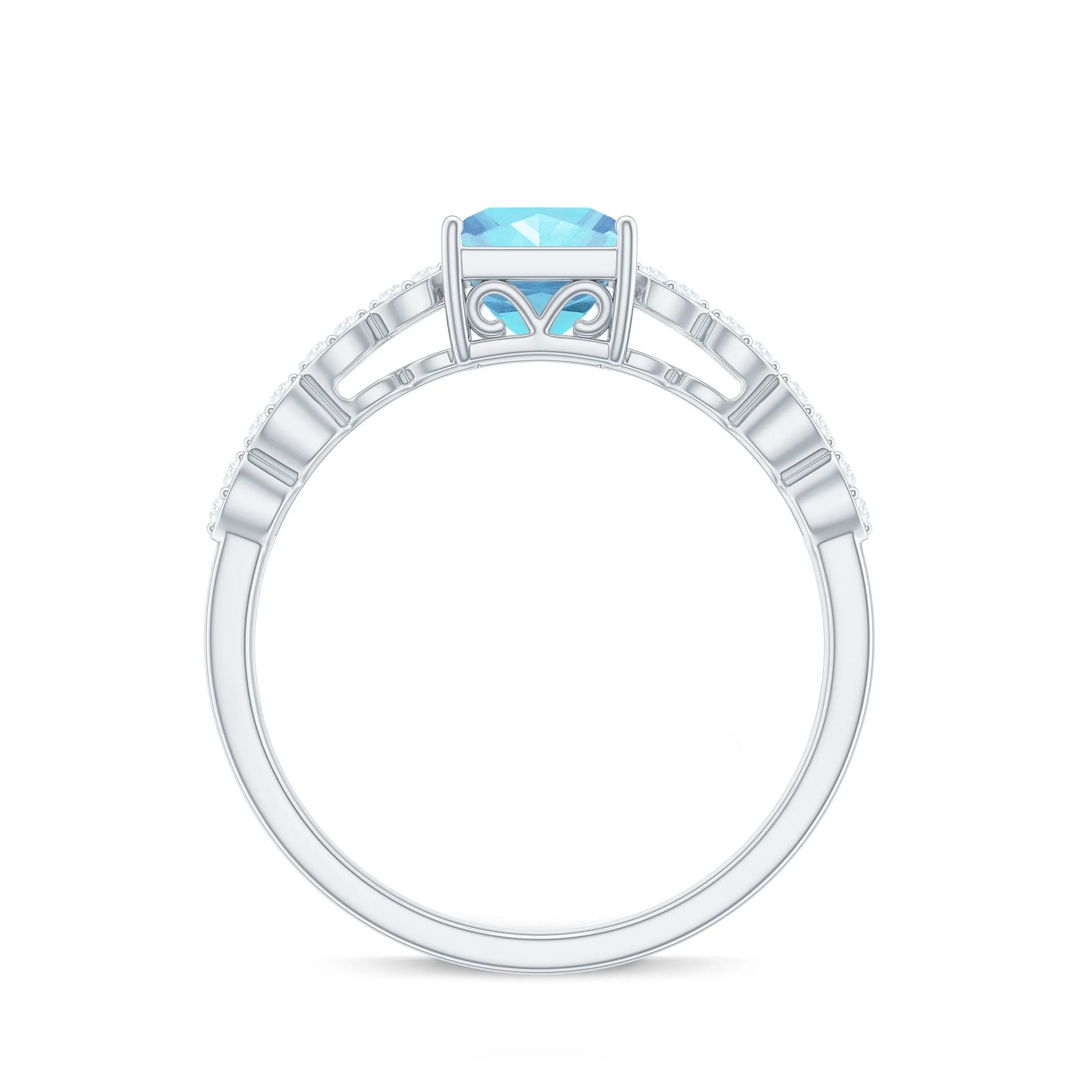 Princess Cut Aquamarine Solitaire Double Band Ring with Diamond