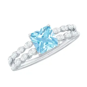 Princess Cut Aquamarine Solitaire Double Band Ring with Diamond