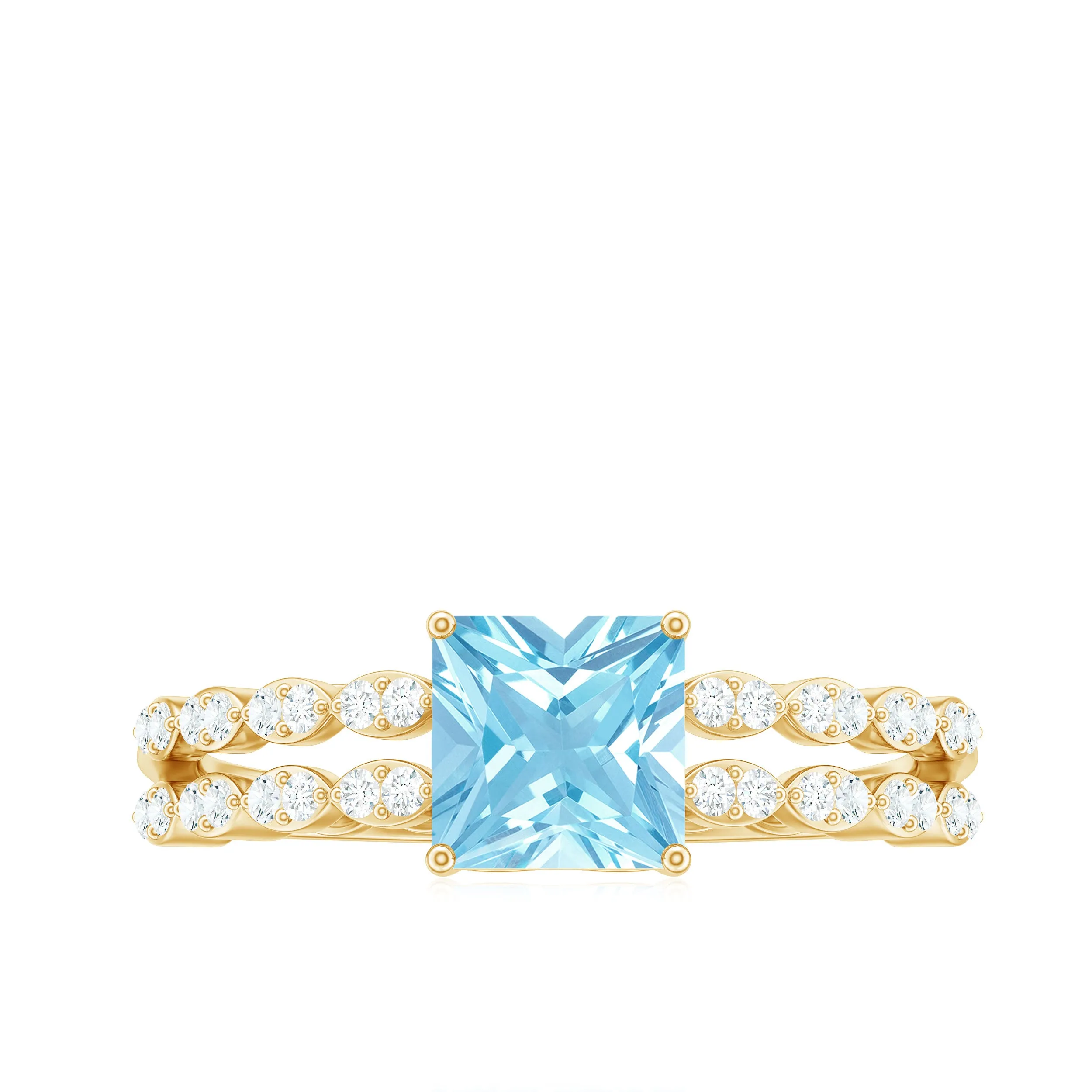 Princess Cut Aquamarine Solitaire Double Band Ring with Diamond