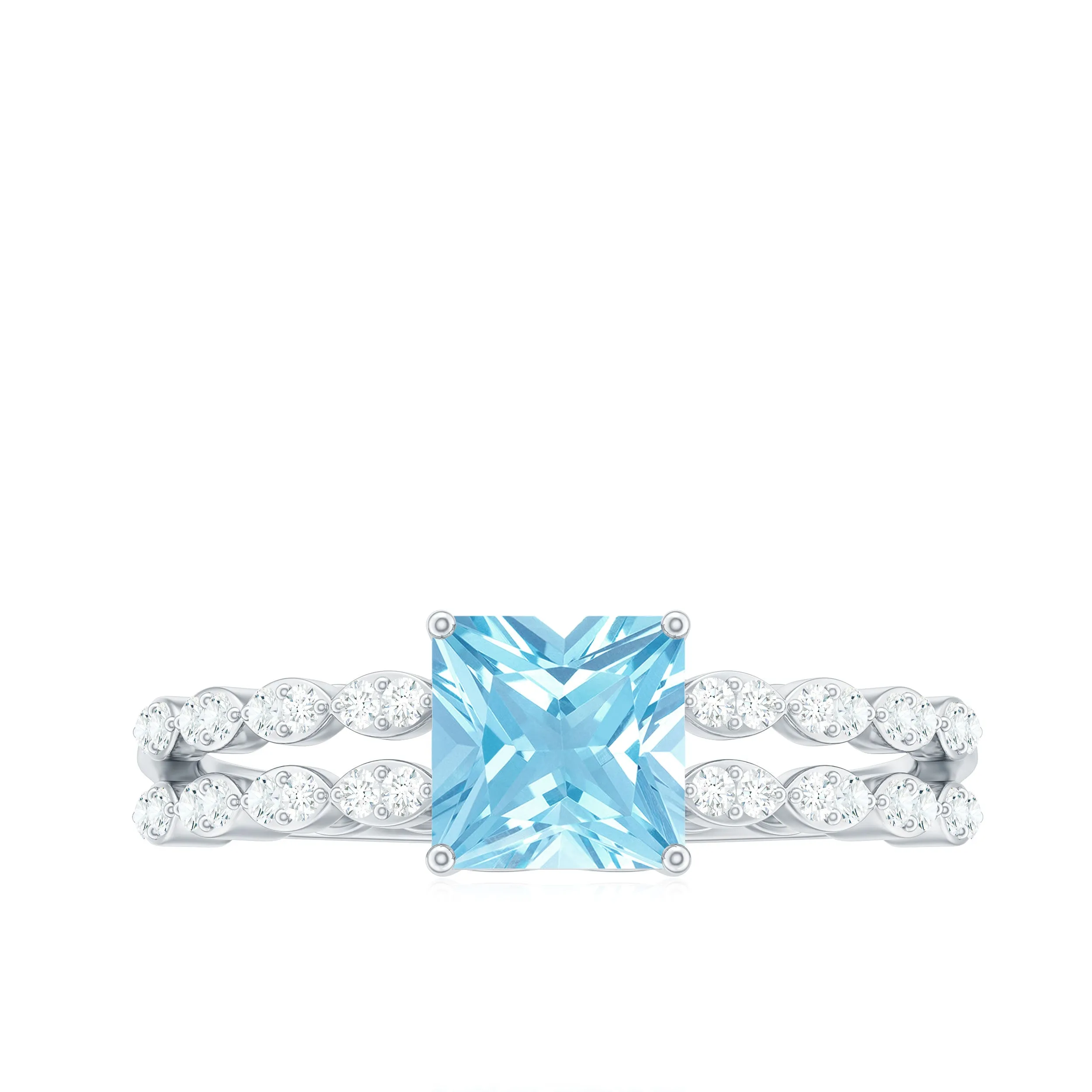 Princess Cut Aquamarine Solitaire Double Band Ring with Diamond
