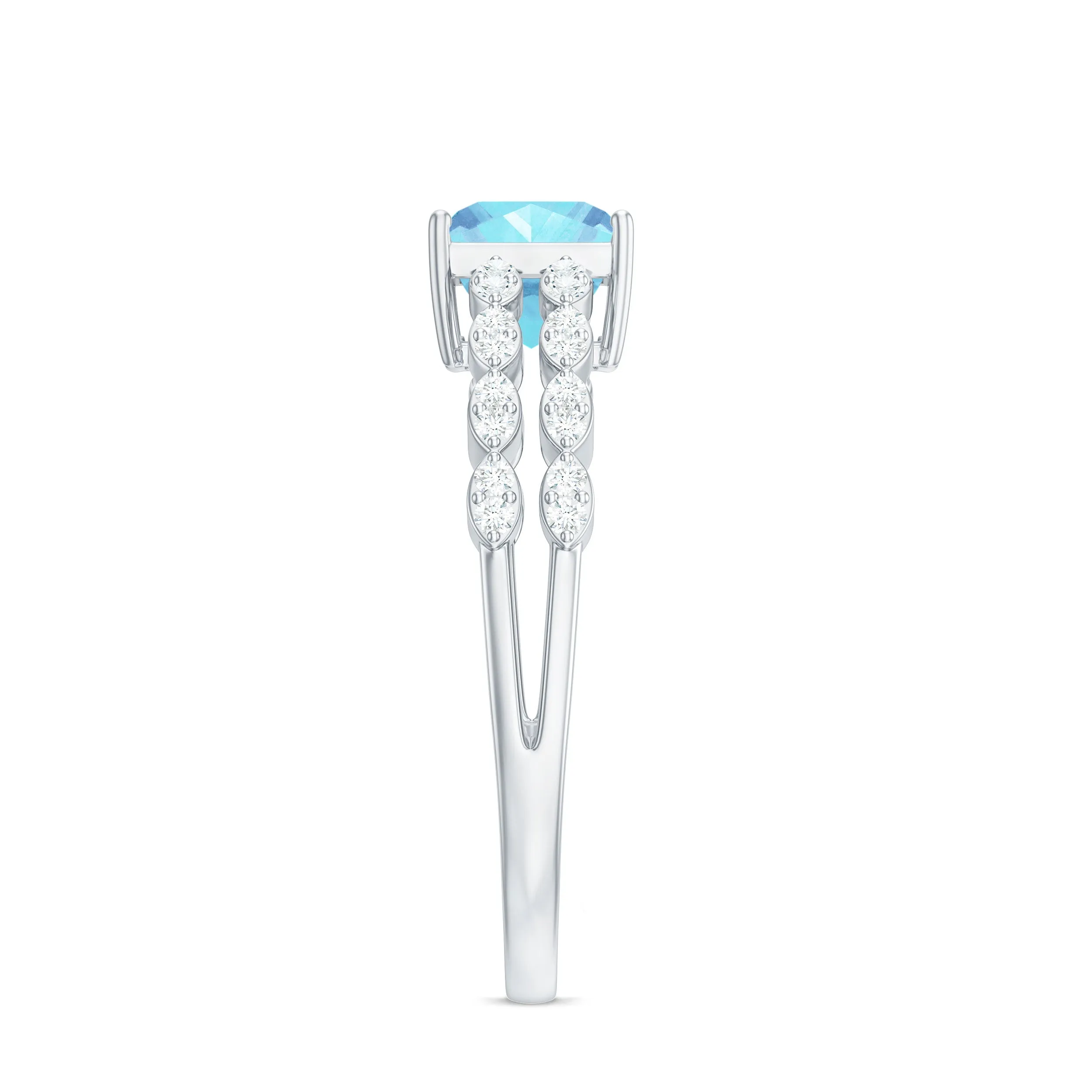 Princess Cut Aquamarine Solitaire Double Band Ring with Diamond