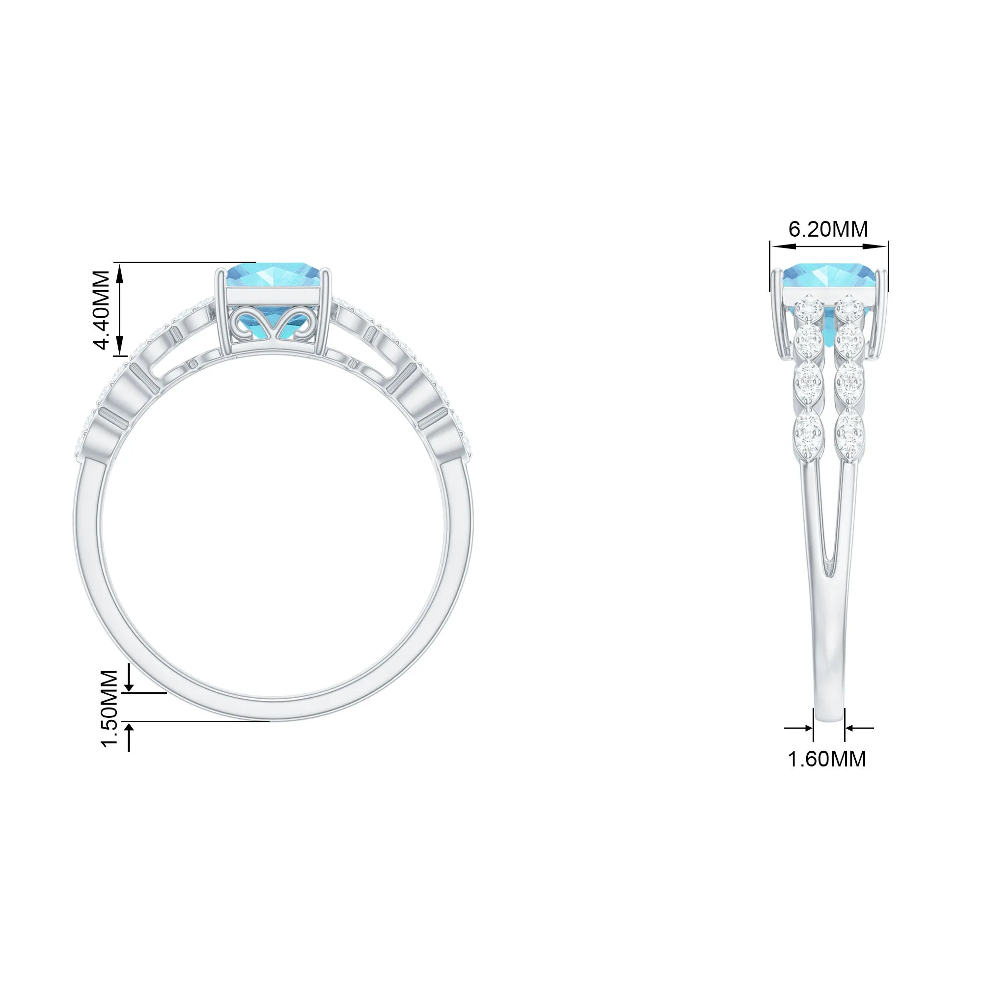Princess Cut Aquamarine Solitaire Double Band Ring with Diamond