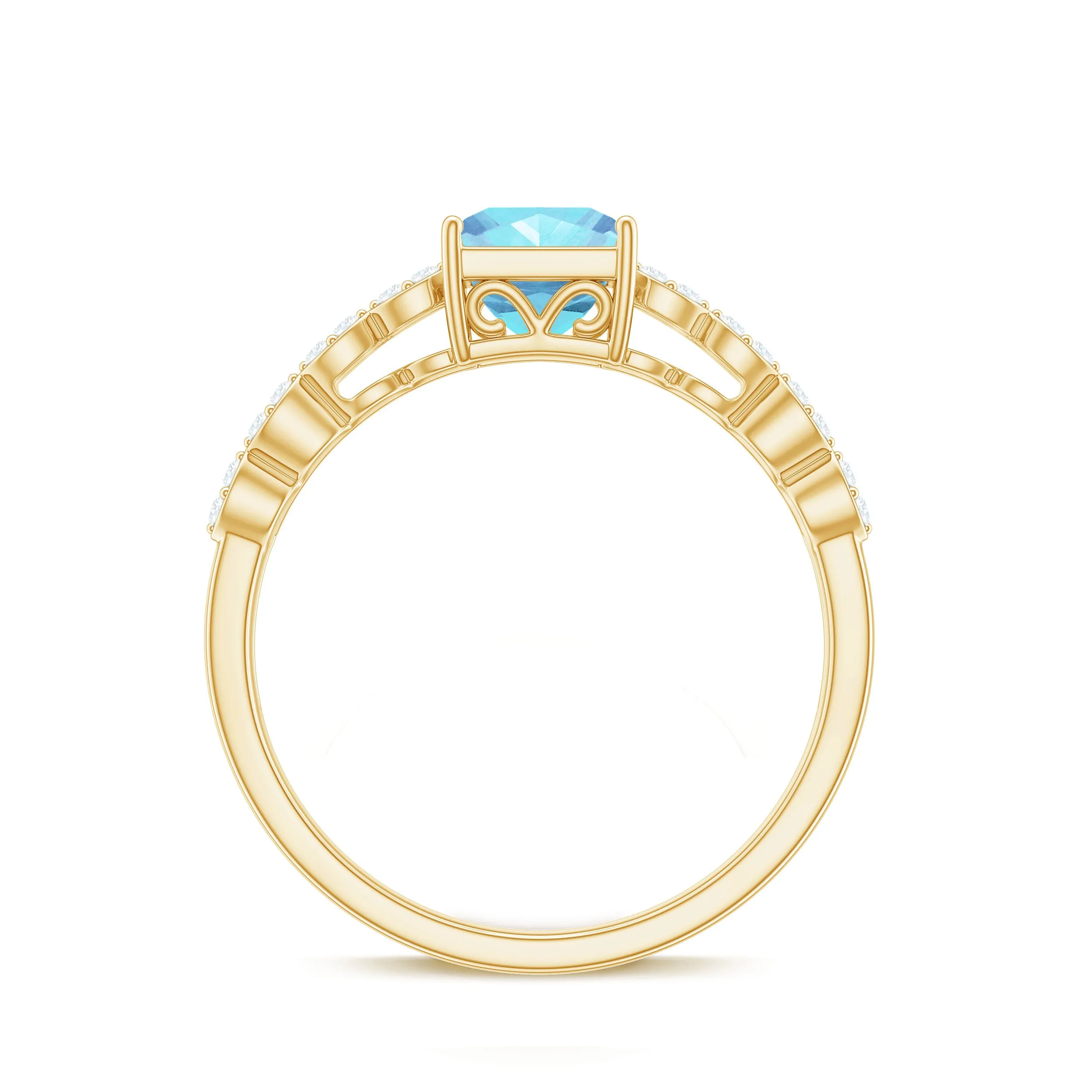 Princess Cut Aquamarine Solitaire Double Band Ring with Diamond