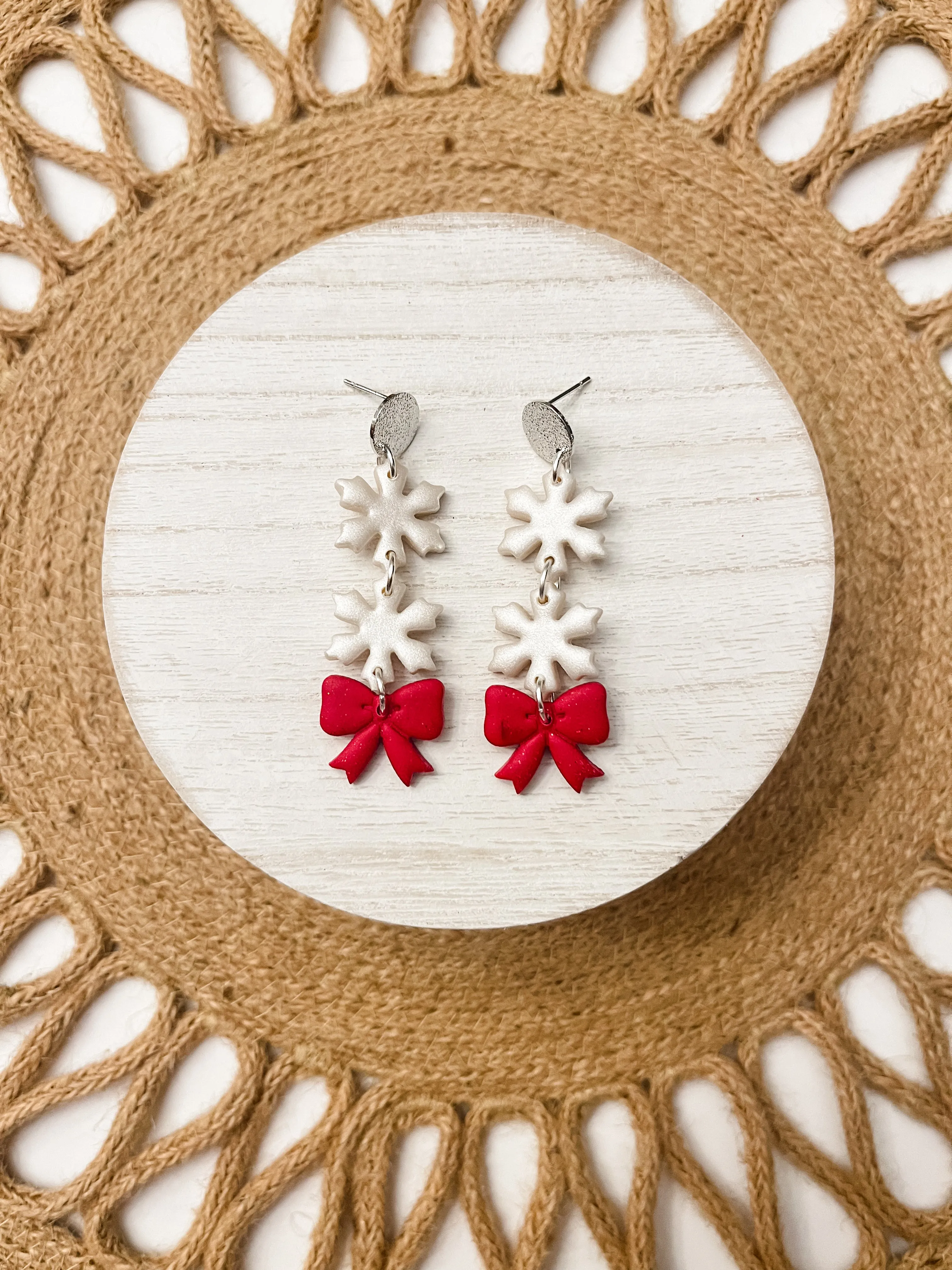 Red Bow and Snowflake Polymer Clay Earrings