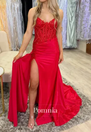 Red Strapless Sleeveless Prom Dress with Slit Rucheed Evening Party Dress