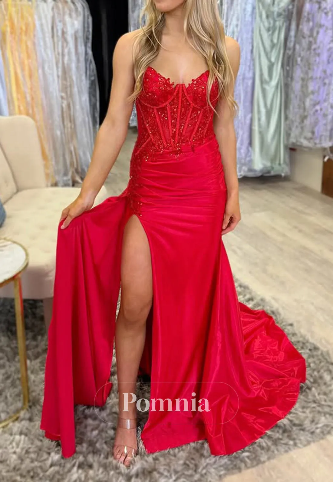 Red Strapless Sleeveless Prom Dress with Slit Rucheed Evening Party Dress