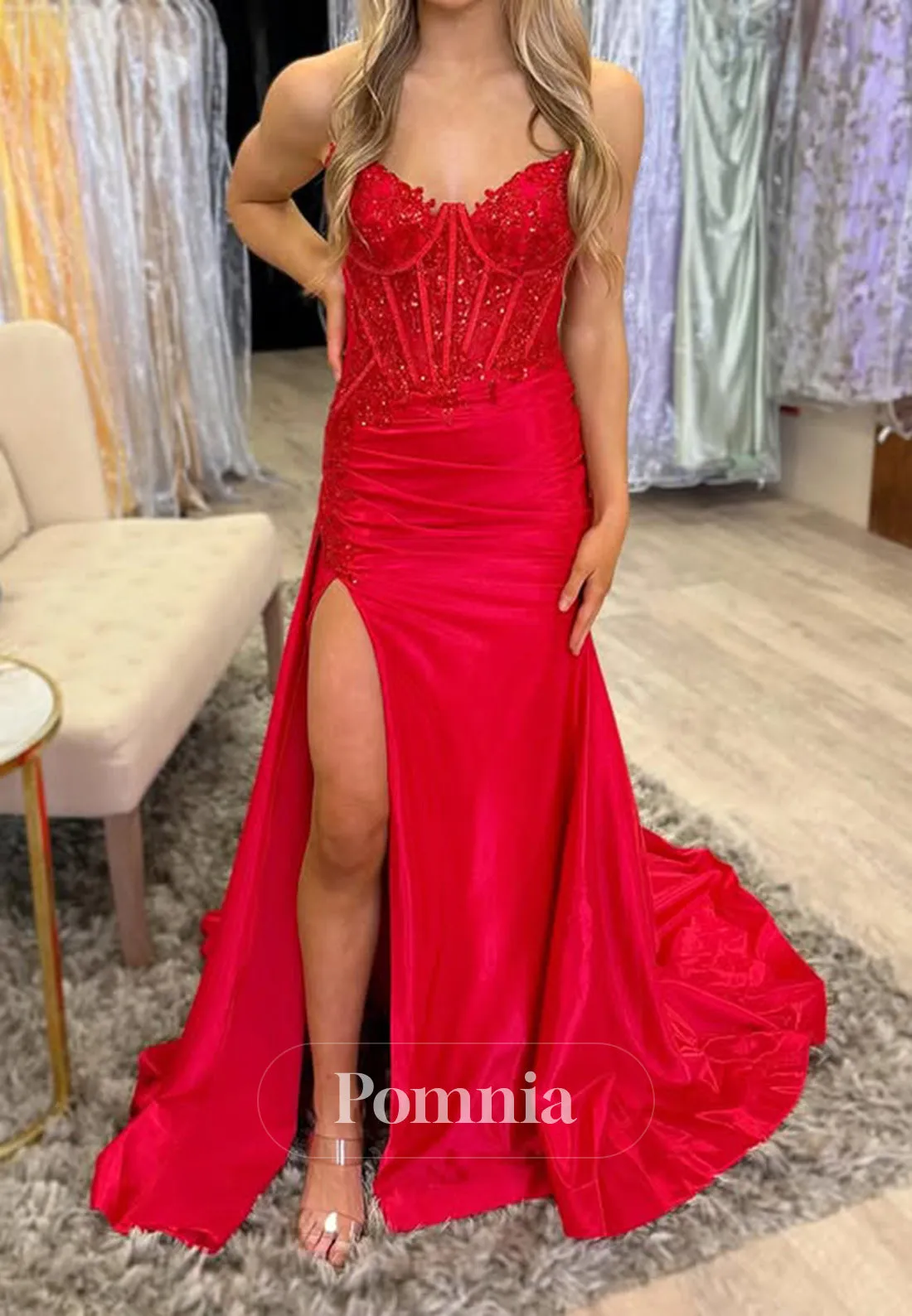 Red Strapless Sleeveless Prom Dress with Slit Rucheed Evening Party Dress