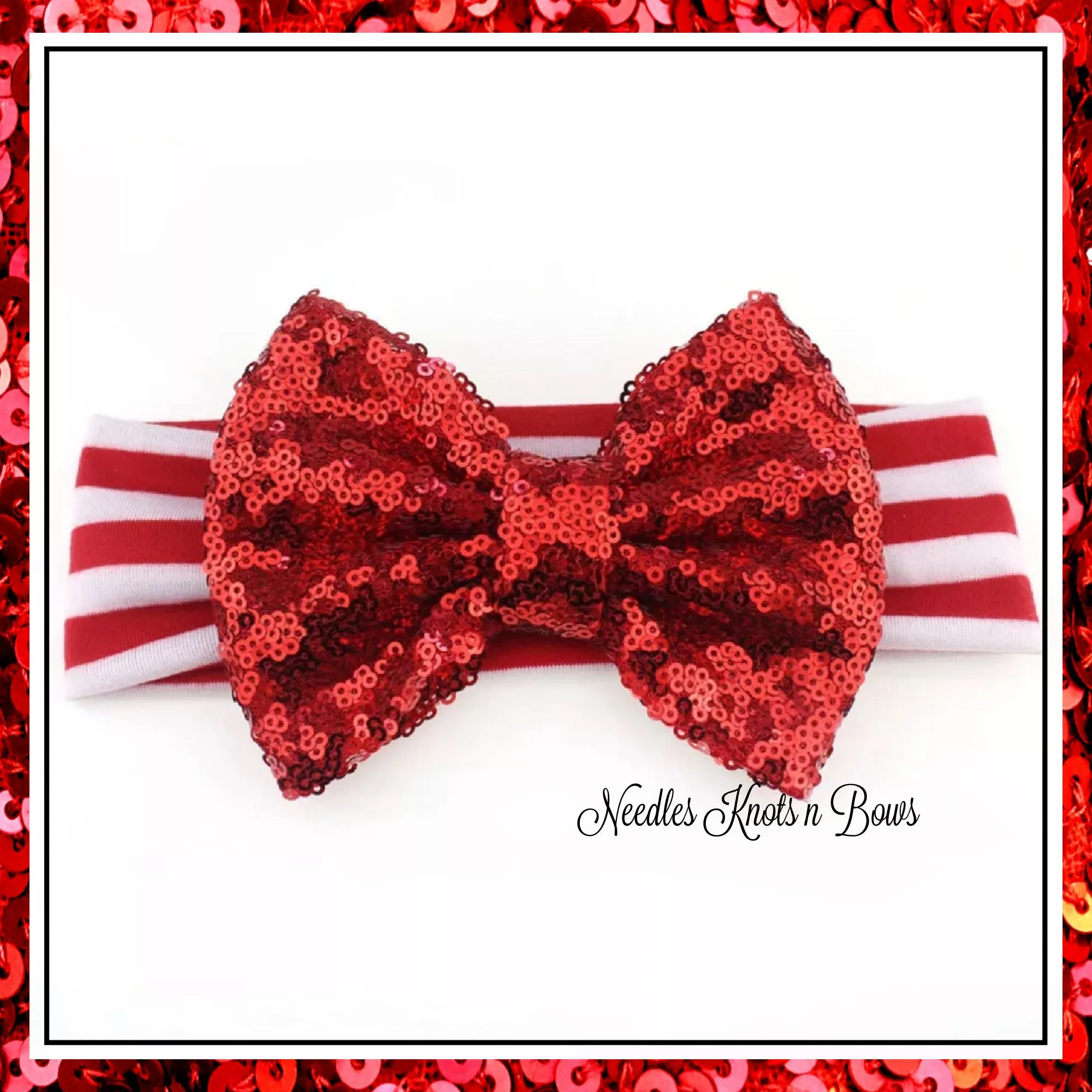 Red White Striped Sequin Red Bow Headband