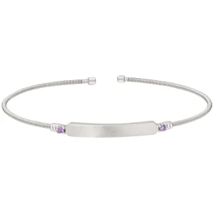 Rhodium Finish Sterling Silver Cable Cuff Bracelet with Name Plate and Simulated Amethyst Birth Gems - February