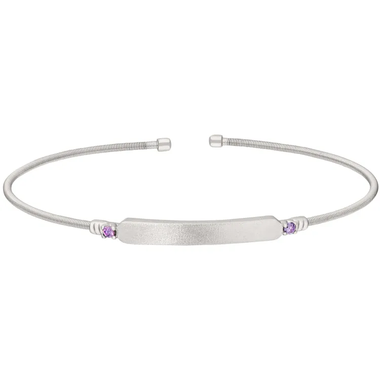 Rhodium Finish Sterling Silver Cable Cuff Bracelet with Name Plate and Simulated Amethyst Birth Gems - February