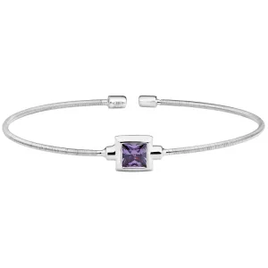 Rhodium Finish Sterling Silver Cable Cuff Bracelet with Princess Cut Simulated Light Amethyst Birth Gem