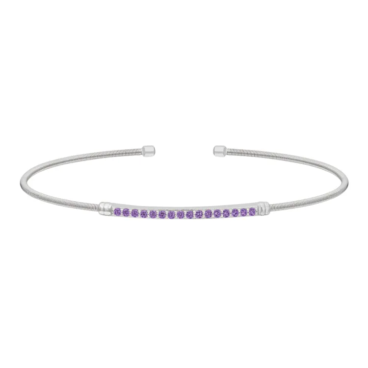 Rhodium Finish Sterling Silver Cable Cuff Bracelet with Simulated Amethyst Birth Gems - February