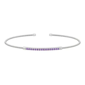Rhodium Finish Sterling Silver Cable Cuff Bracelet with Simulated Amethyst Birth Gems - February