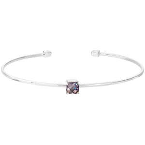 Rhodium Finish Sterling Silver Pliable Cuff Bracelet with Faceted Cushion Cut Simulated Light Amethyst Birth Gem - June