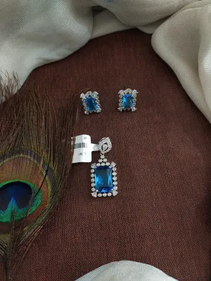 Rhodium Plated Pendant Set with Aqua Blue and Zircon Stones