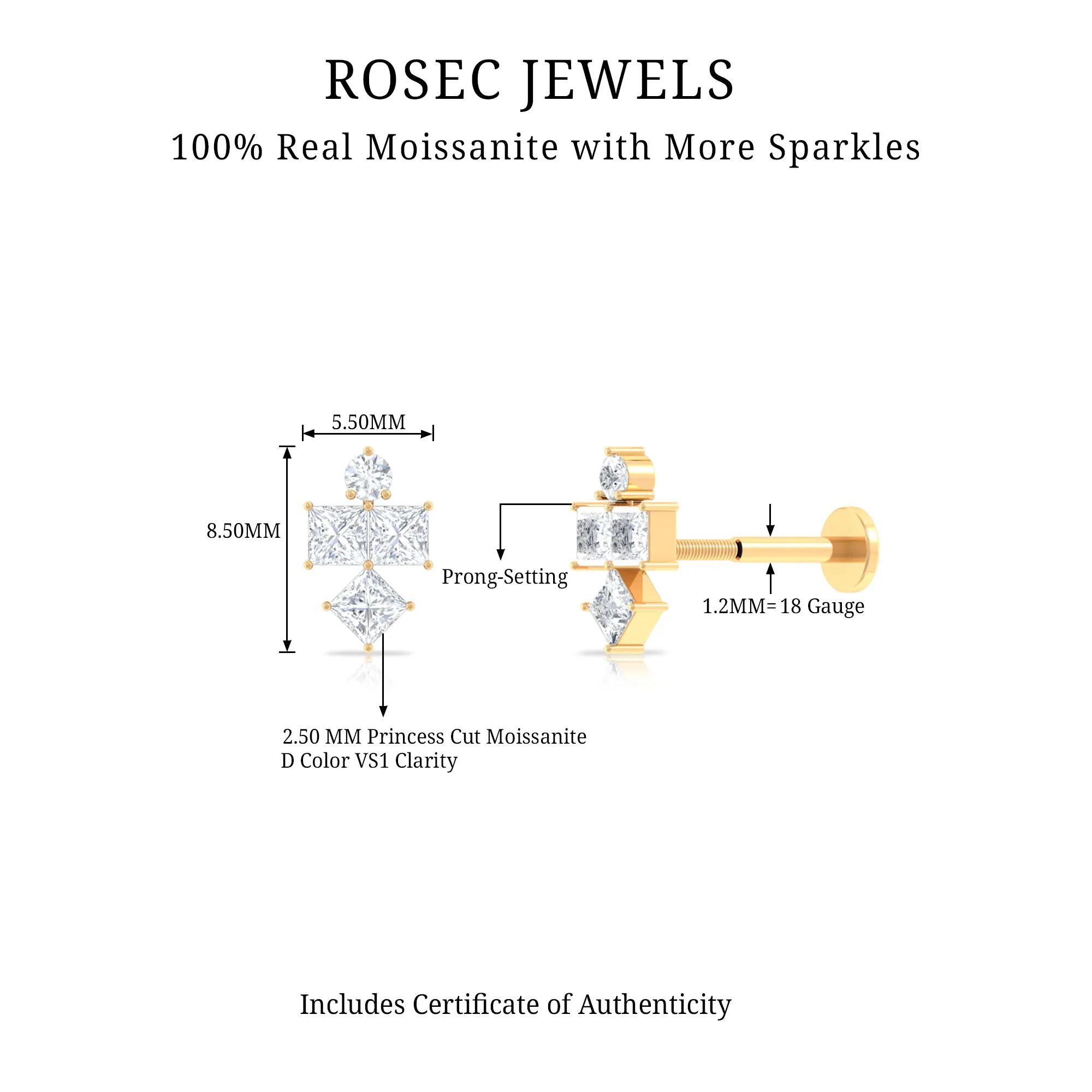 Round and Princess Cut Moissanite Cluster Helix Earring