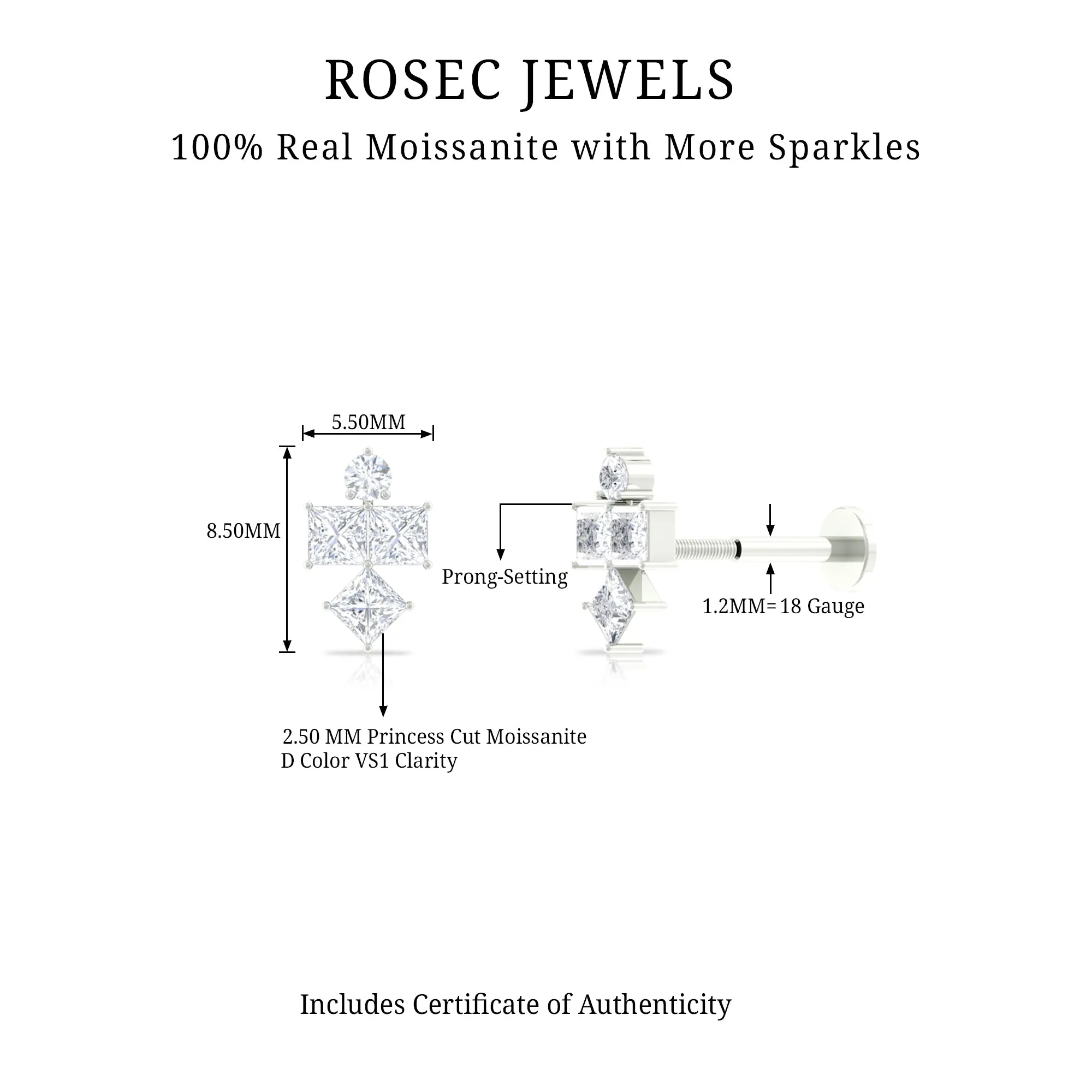 Round and Princess Cut Moissanite Cluster Helix Earring