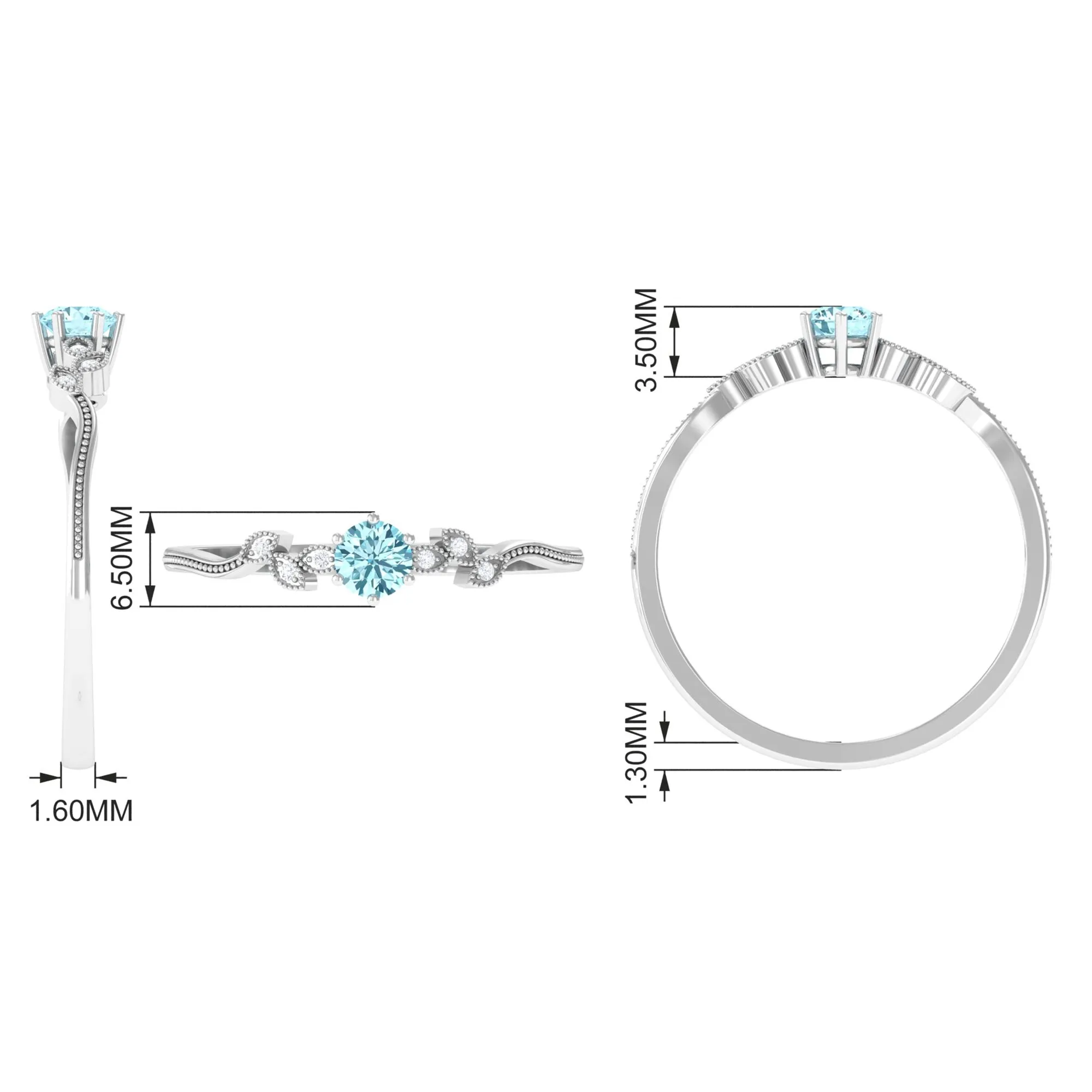 Round Aquamarine Leaf Inspired Solitaire Promise Ring