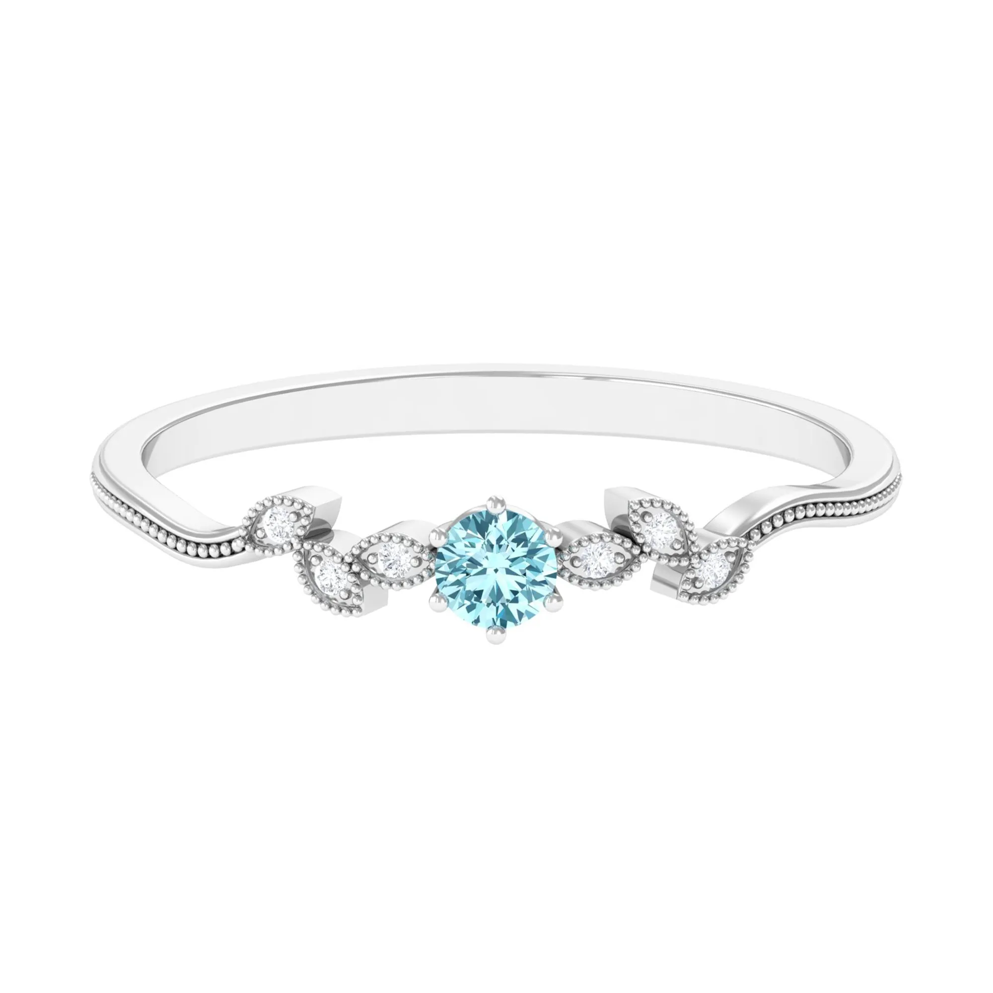 Round Aquamarine Leaf Inspired Solitaire Promise Ring