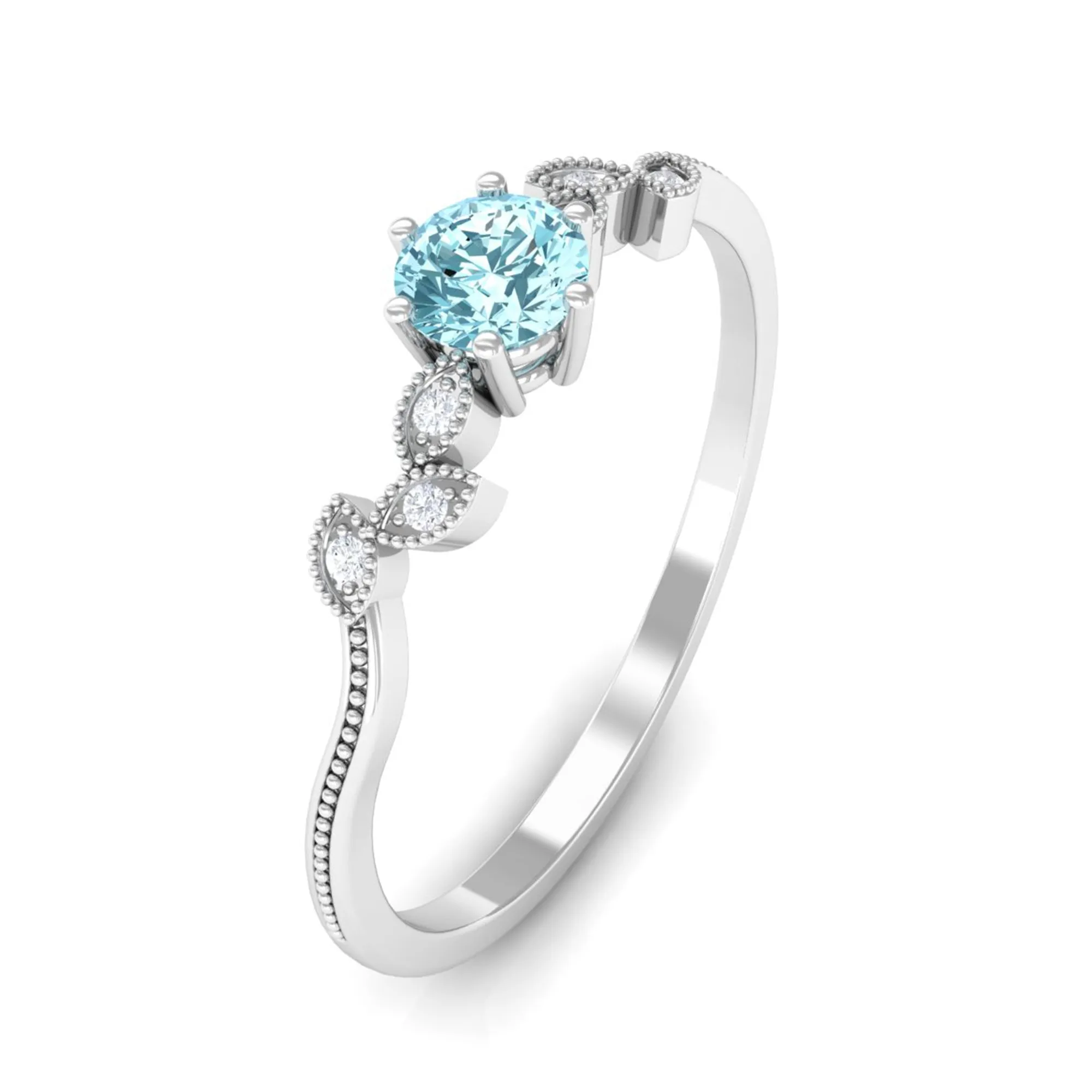 Round Aquamarine Leaf Inspired Solitaire Promise Ring