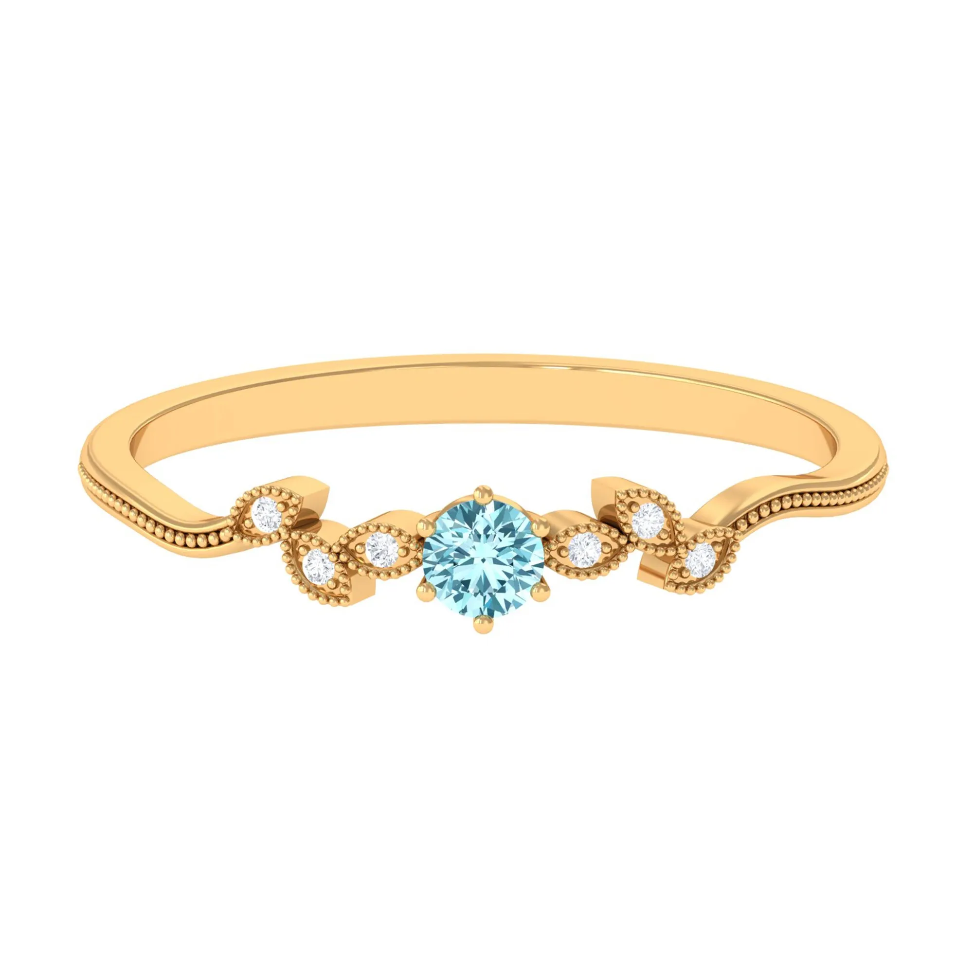 Round Aquamarine Leaf Inspired Solitaire Promise Ring