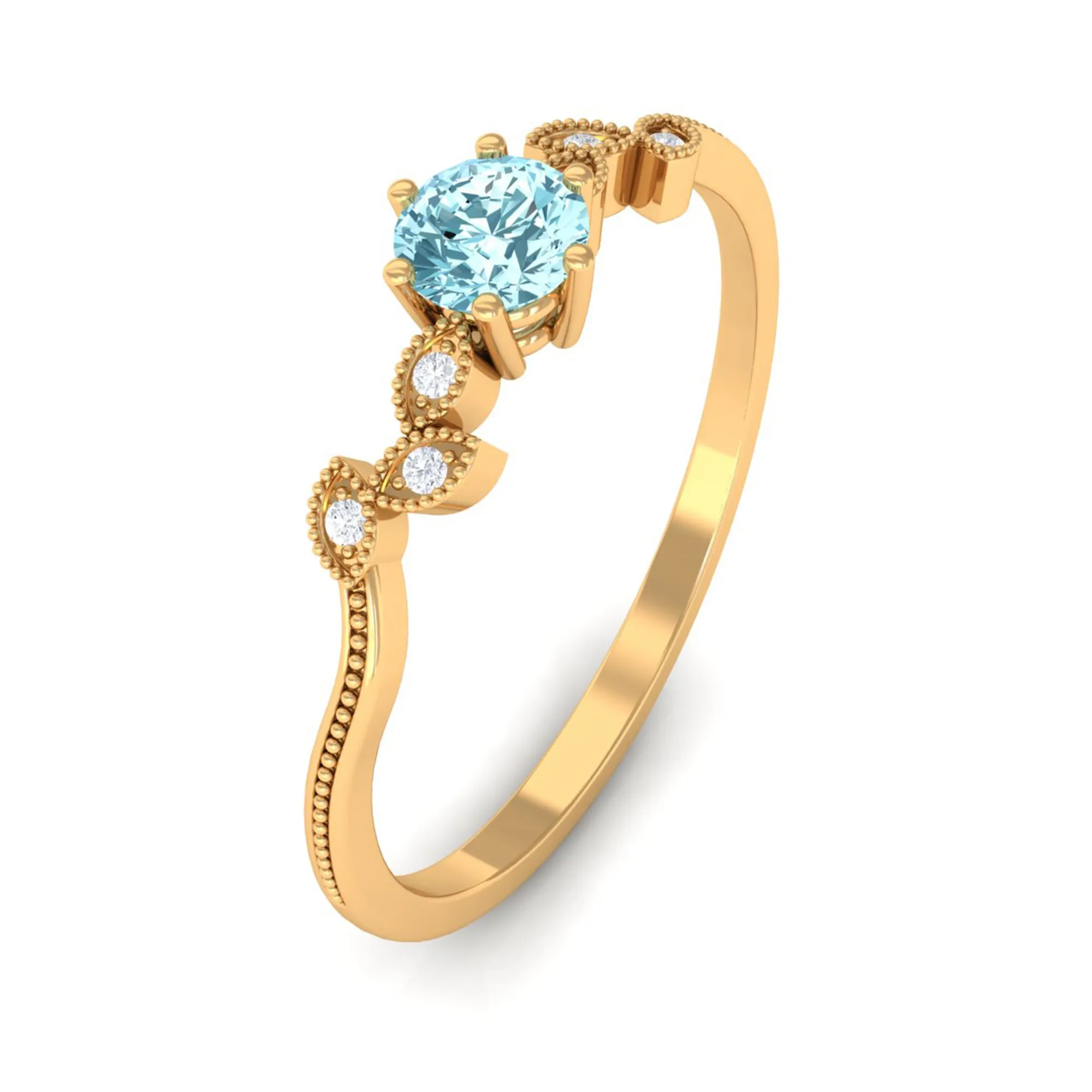 Round Aquamarine Leaf Inspired Solitaire Promise Ring