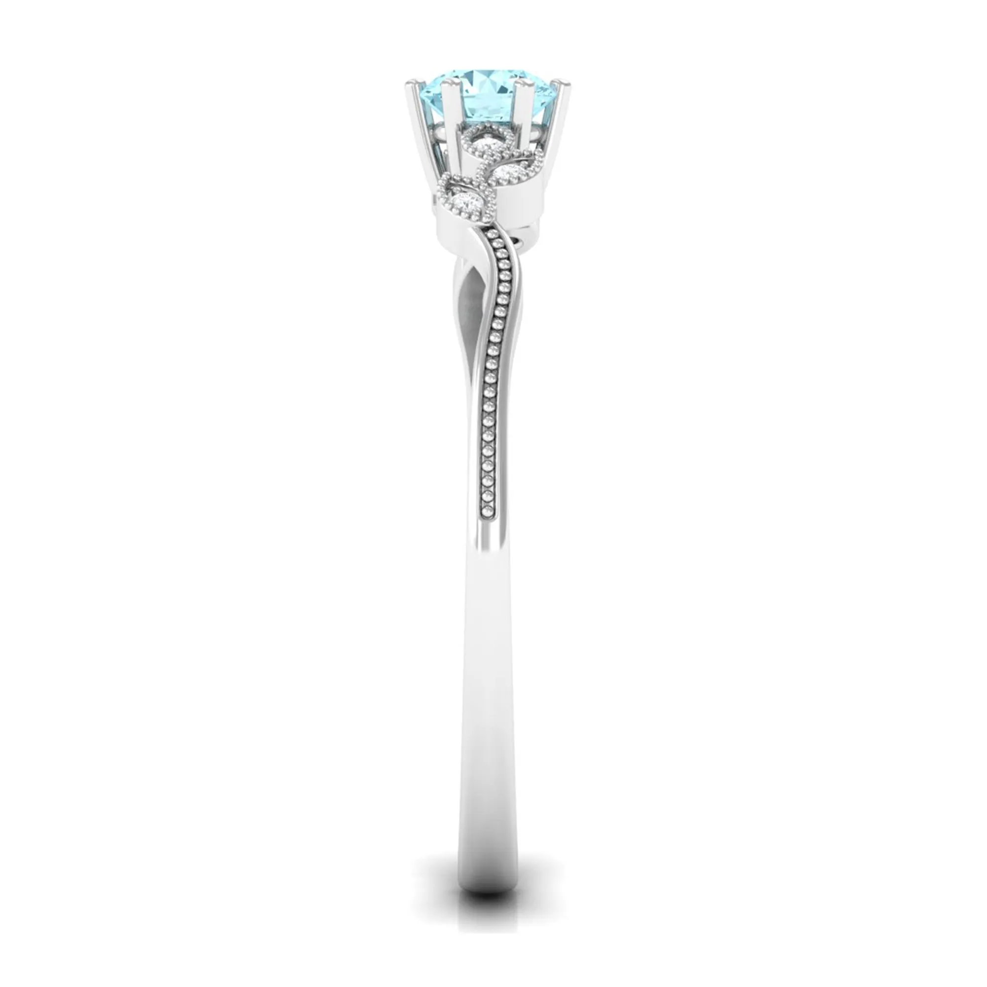 Round Aquamarine Leaf Inspired Solitaire Promise Ring