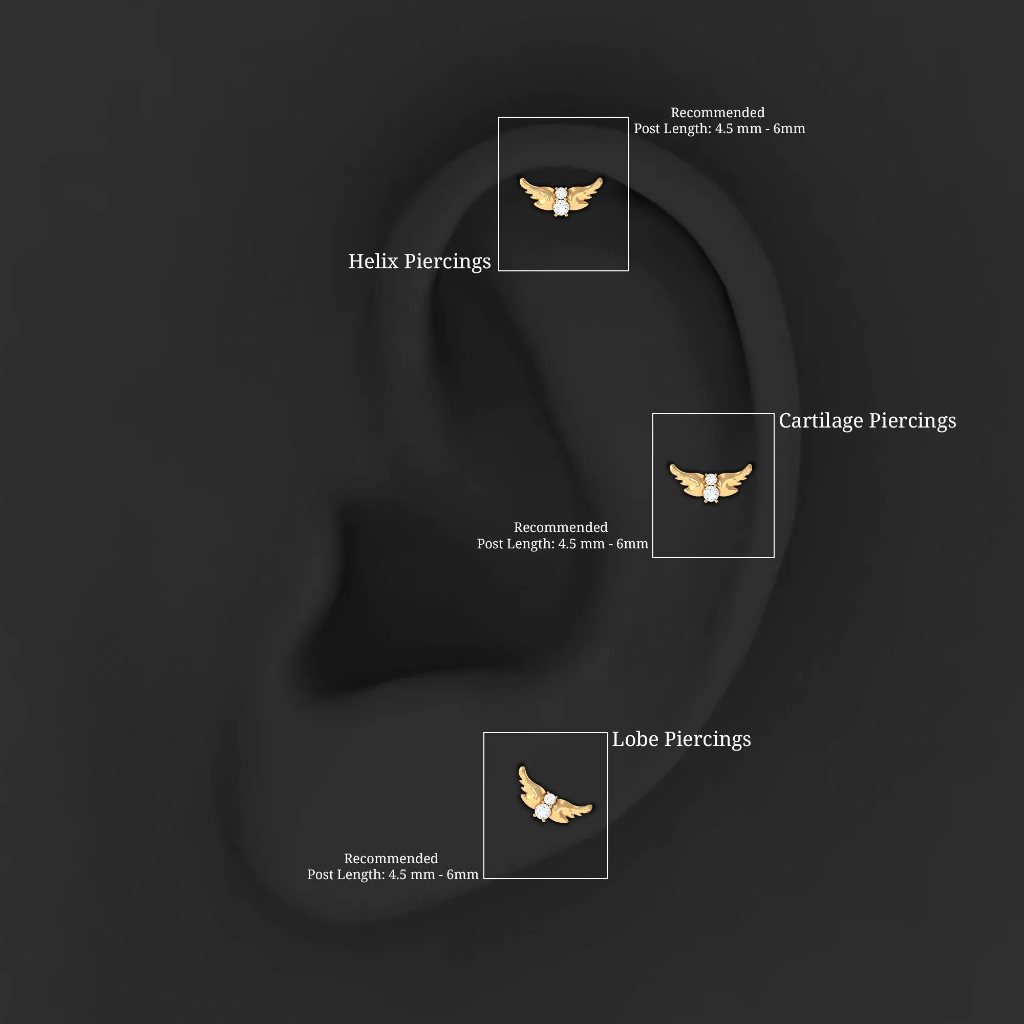 Round Moissanite Gold Bat Earring for Cartilage Piercing