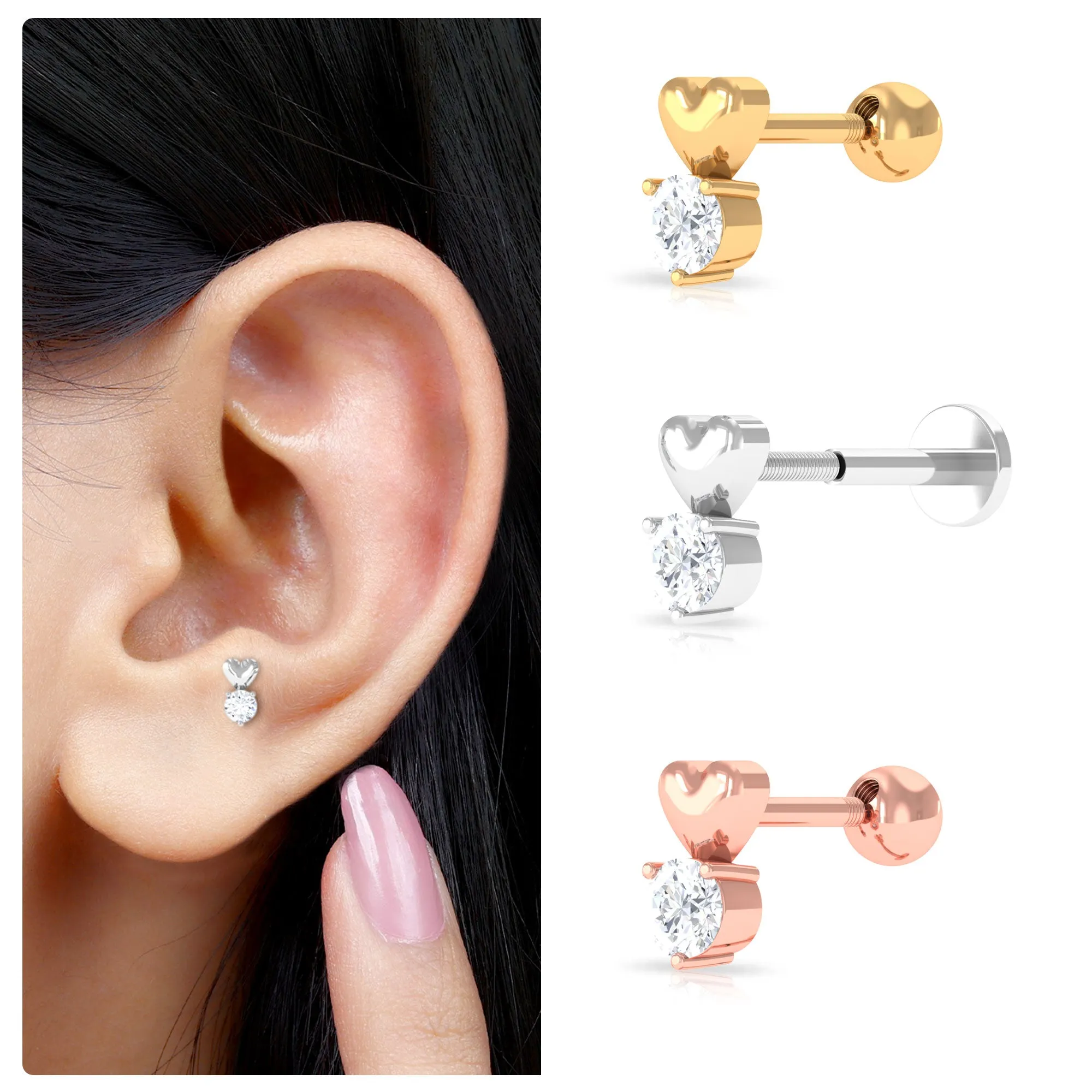 Round Moissanite Heart Tragus Earring in Gold