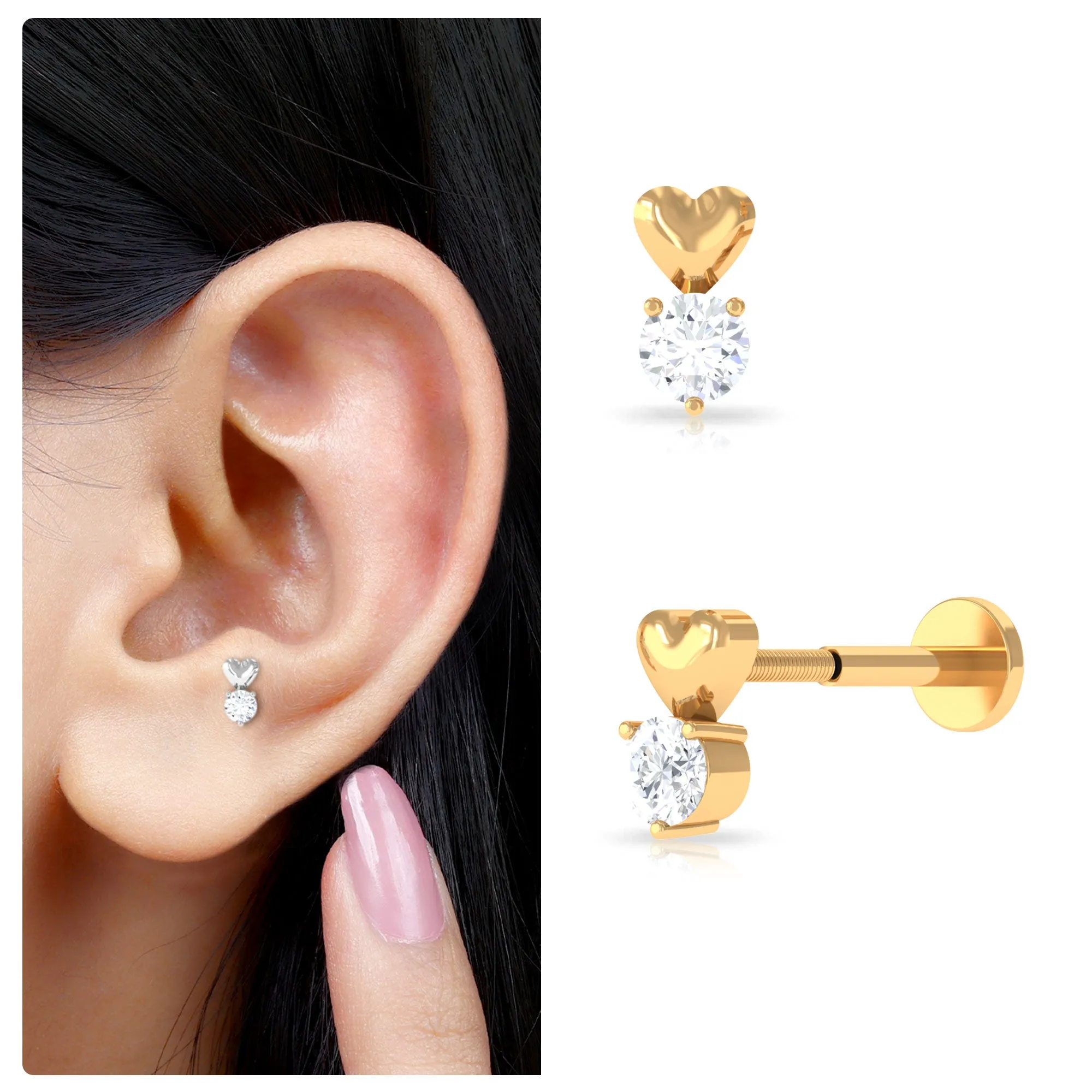 Round Moissanite Heart Tragus Earring in Gold