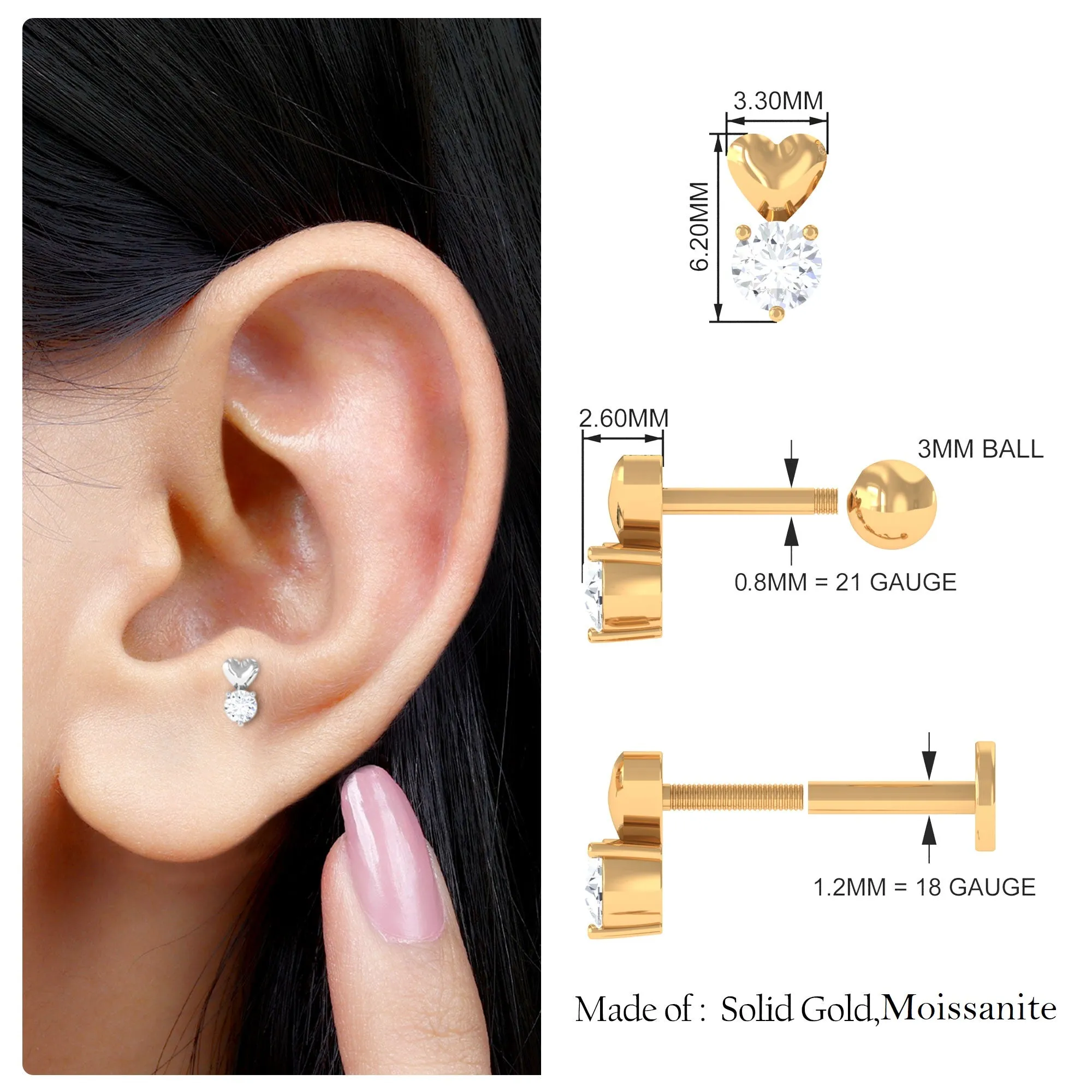 Round Moissanite Heart Tragus Earring in Gold