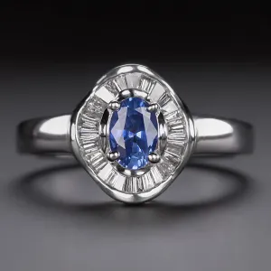 SAPPHIRE DIAMOND COCKTAIL RING OVAL SHAPE BAGUETTE HALO NATURAL CORNFLOWER BLUE