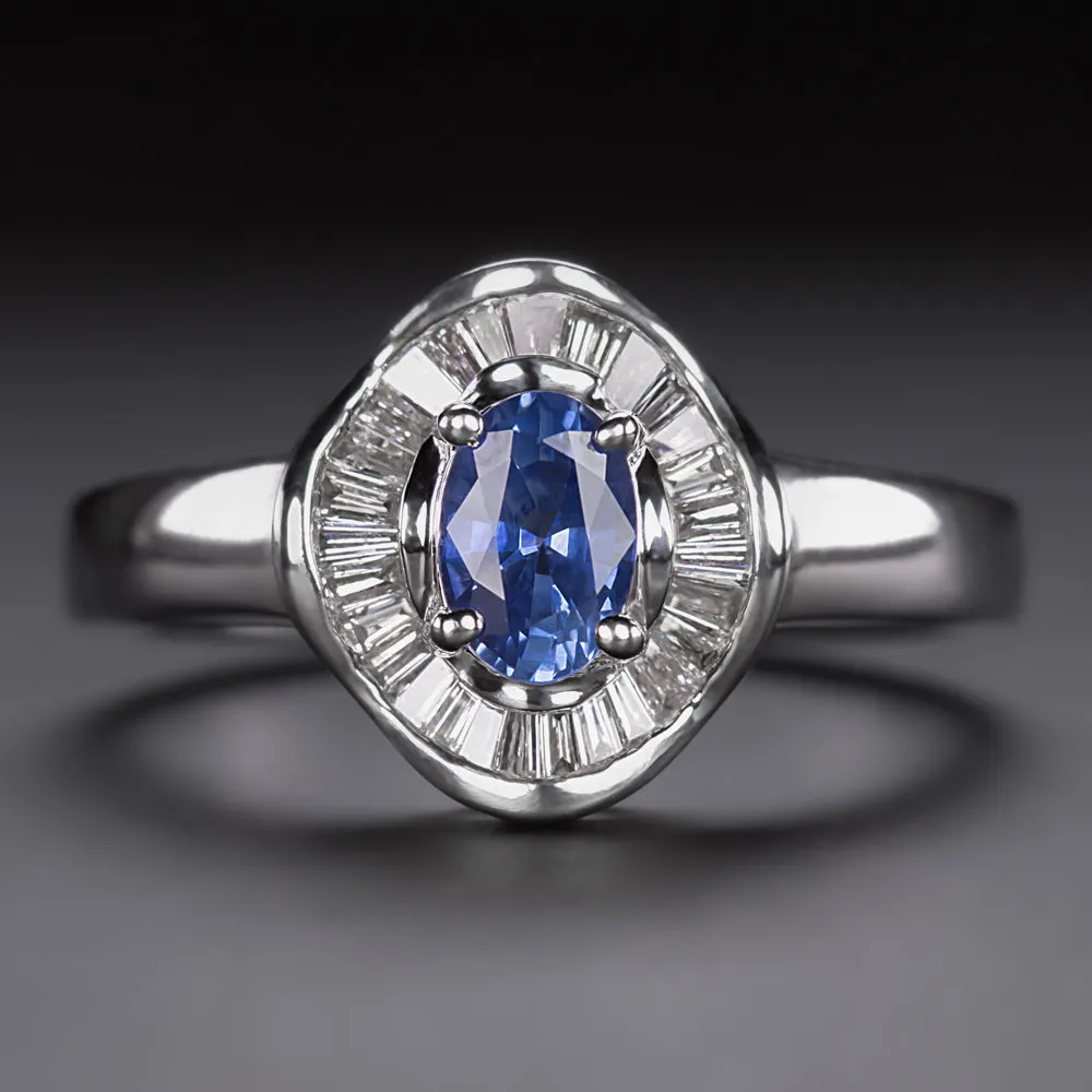 SAPPHIRE DIAMOND COCKTAIL RING OVAL SHAPE BAGUETTE HALO NATURAL CORNFLOWER BLUE