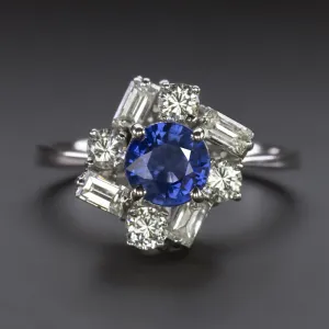 SAPPHIRE DIAMOND COCKTAIL RING ROUND BAGUETTE CUT HALO WHITE GOLD ESTATE NATURAL