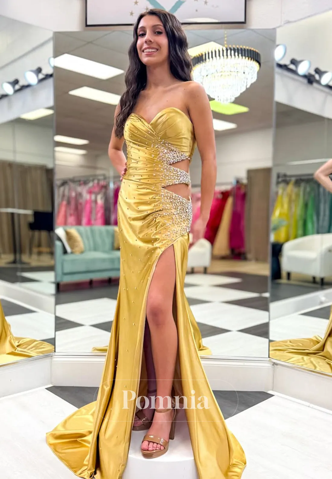 Sheath Sleeveless Strapless Prom Dress with Slit Sequins Evening Party Dress