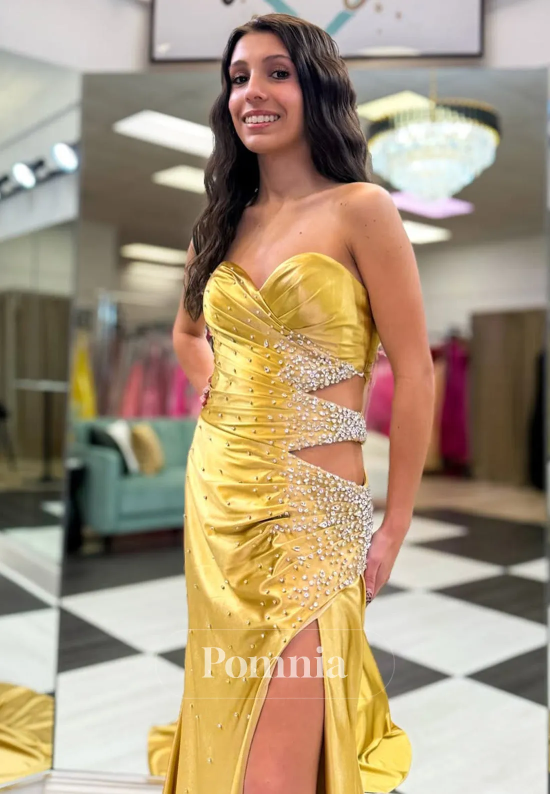 Sheath Sleeveless Strapless Prom Dress with Slit Sequins Evening Party Dress