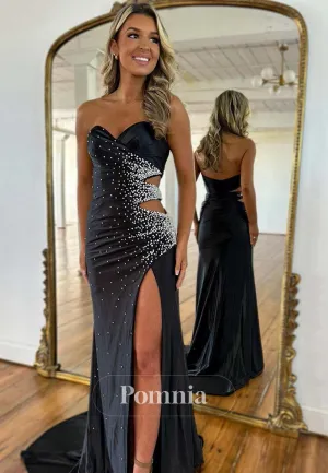 Sheath Sleeveless Strapless Prom Dress with Slit Sequins Evening Party Dress