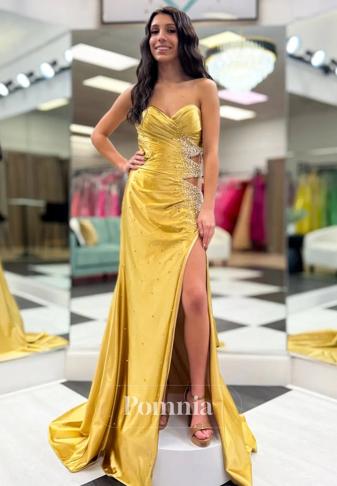 Sheath Sleeveless Strapless Prom Dress with Slit Sequins Evening Party Dress