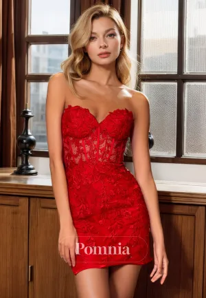 Sheath/Column Strapless Lace Appliques Sleeveless Short Homecoming Dress