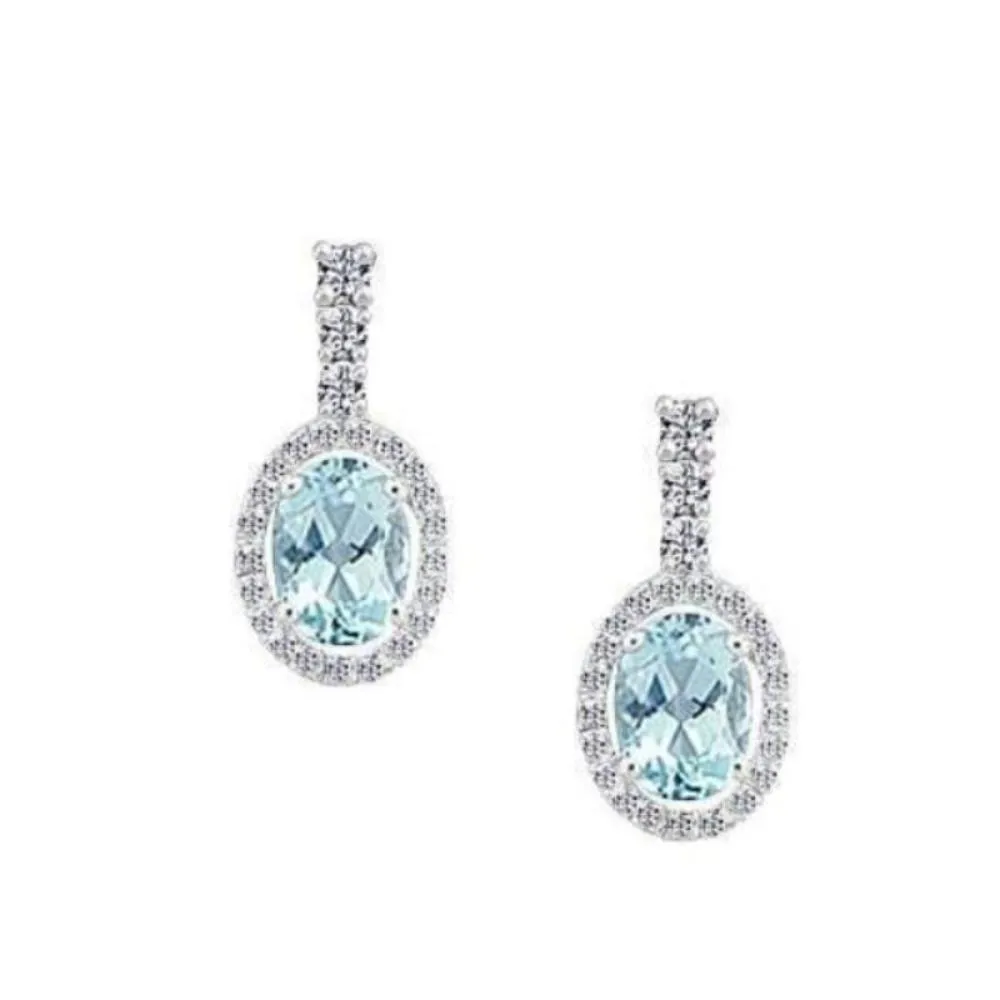 Silver Aqua and CZ oval drop earrings