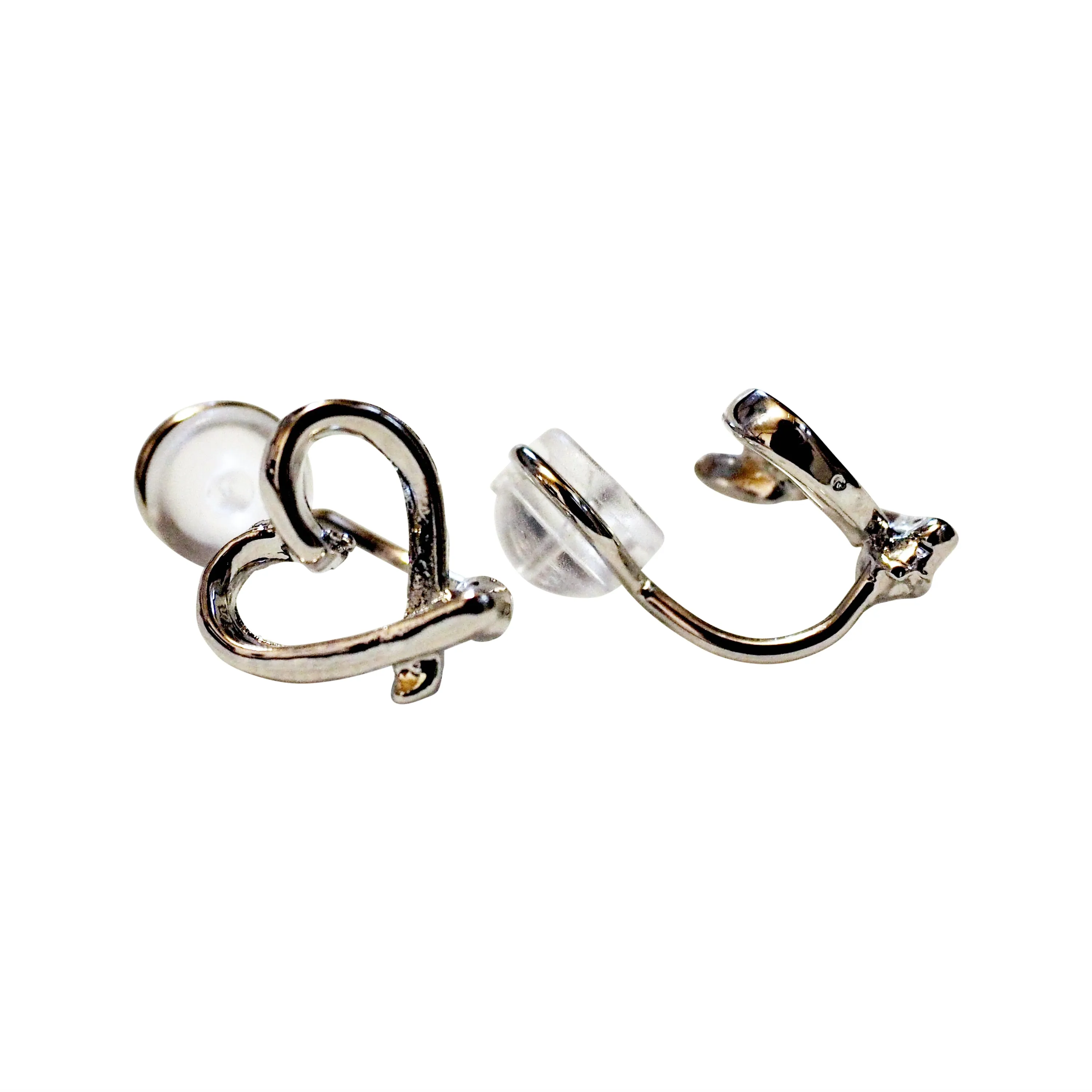 Silver Open Heart  Silicon Pad Back Clip On Earrings