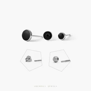 Small Round Black Enamel Studs, Unisex, Sterling Silver SS103, SS104, SS105 Butterfly End, SS797, SS798, SS799 Screw Ball End (Type A)