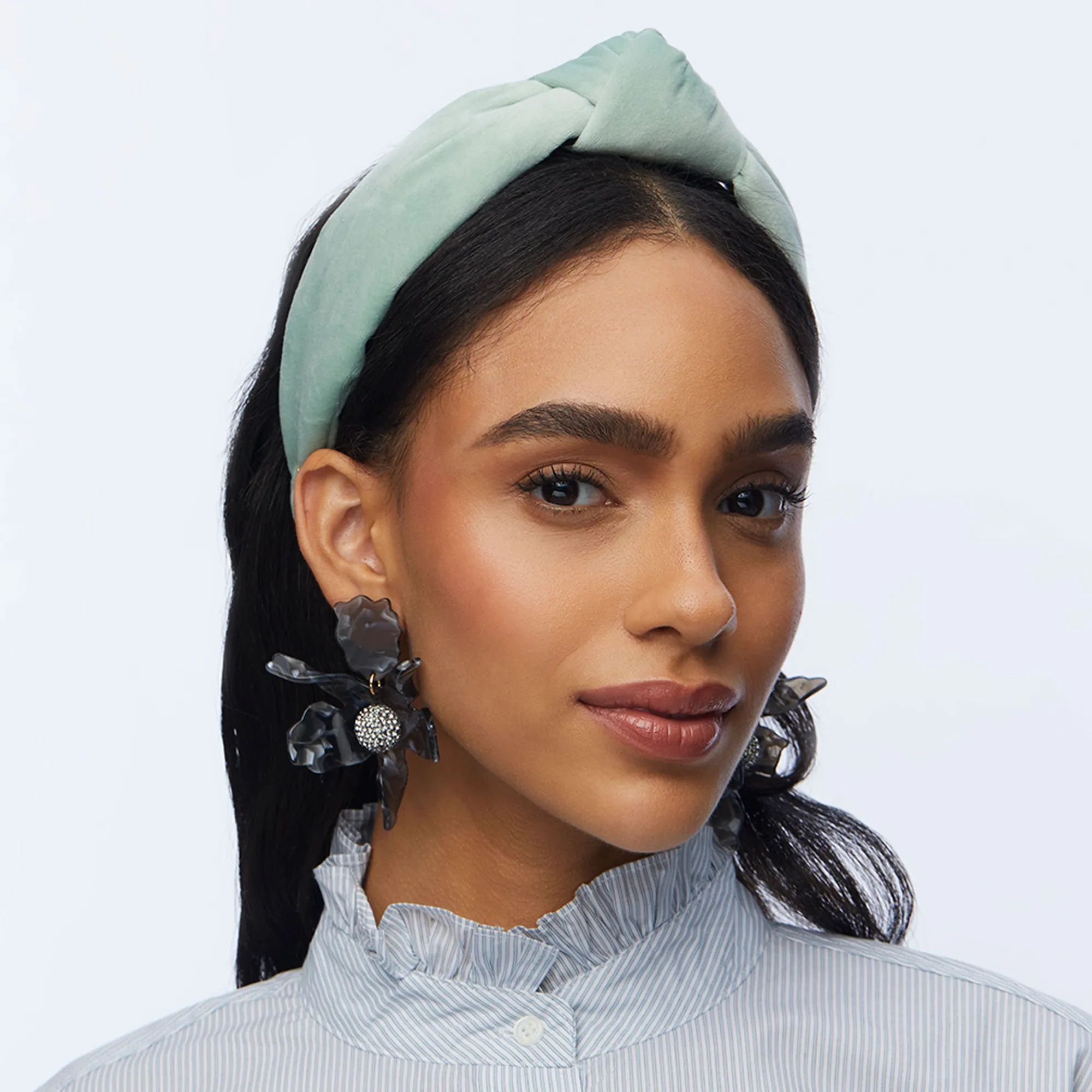 SMOKY AQUA VELVET KNOTTED HEADBAND