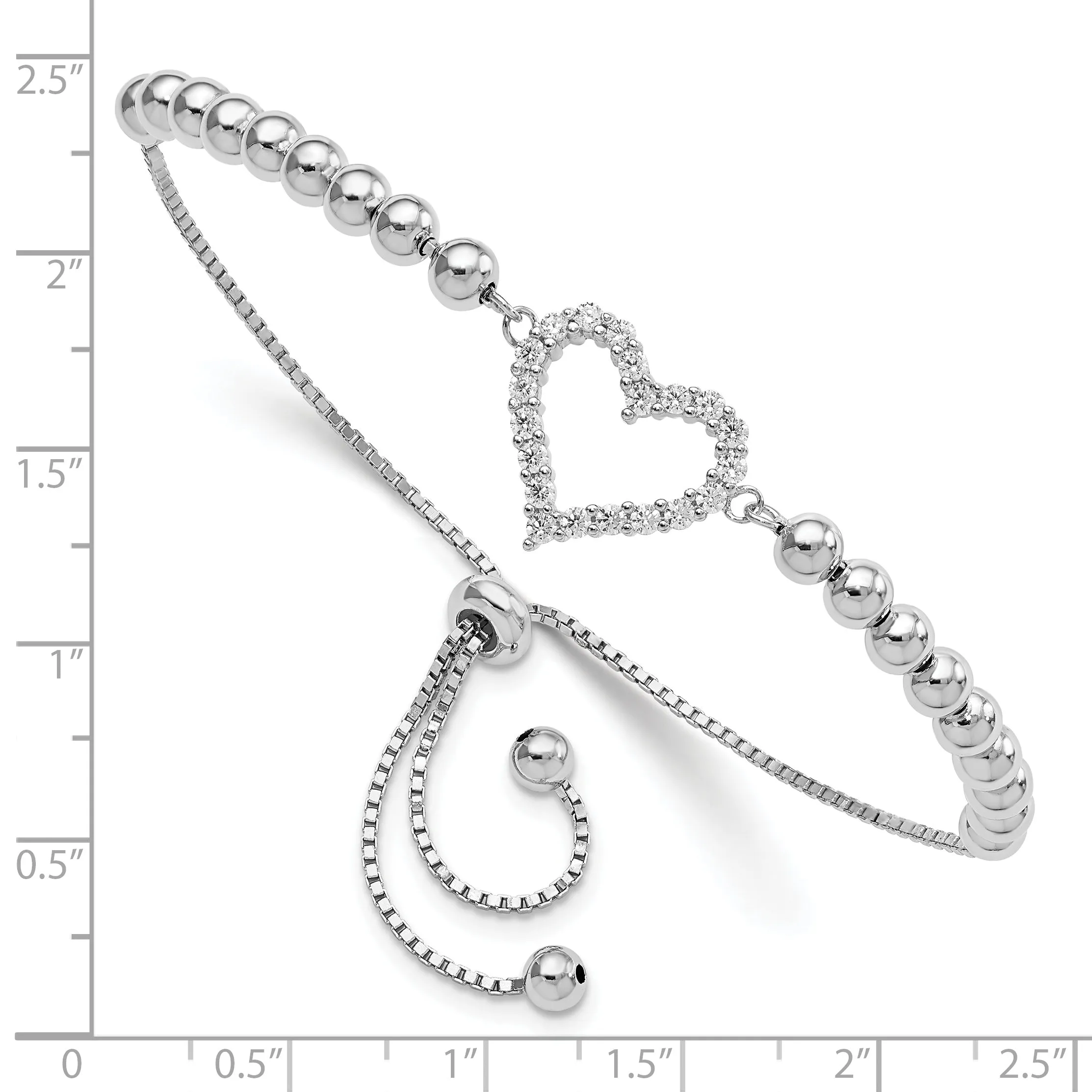 Sterling Silver Beaded CZ Heart Adjustable Bolo Bracelet