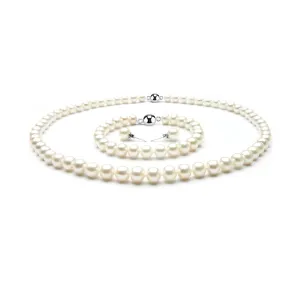 Stunning 7-8mm White Feshwater Pearl Jewellery Tri-Set For Women Magnetic Clasp