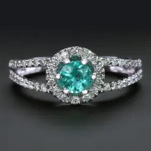 TEAL EMERALD DIAMOND HALO RING 14k WHITE GOLD SPLIT SHANK ROUND NATURAL COCKTAIL