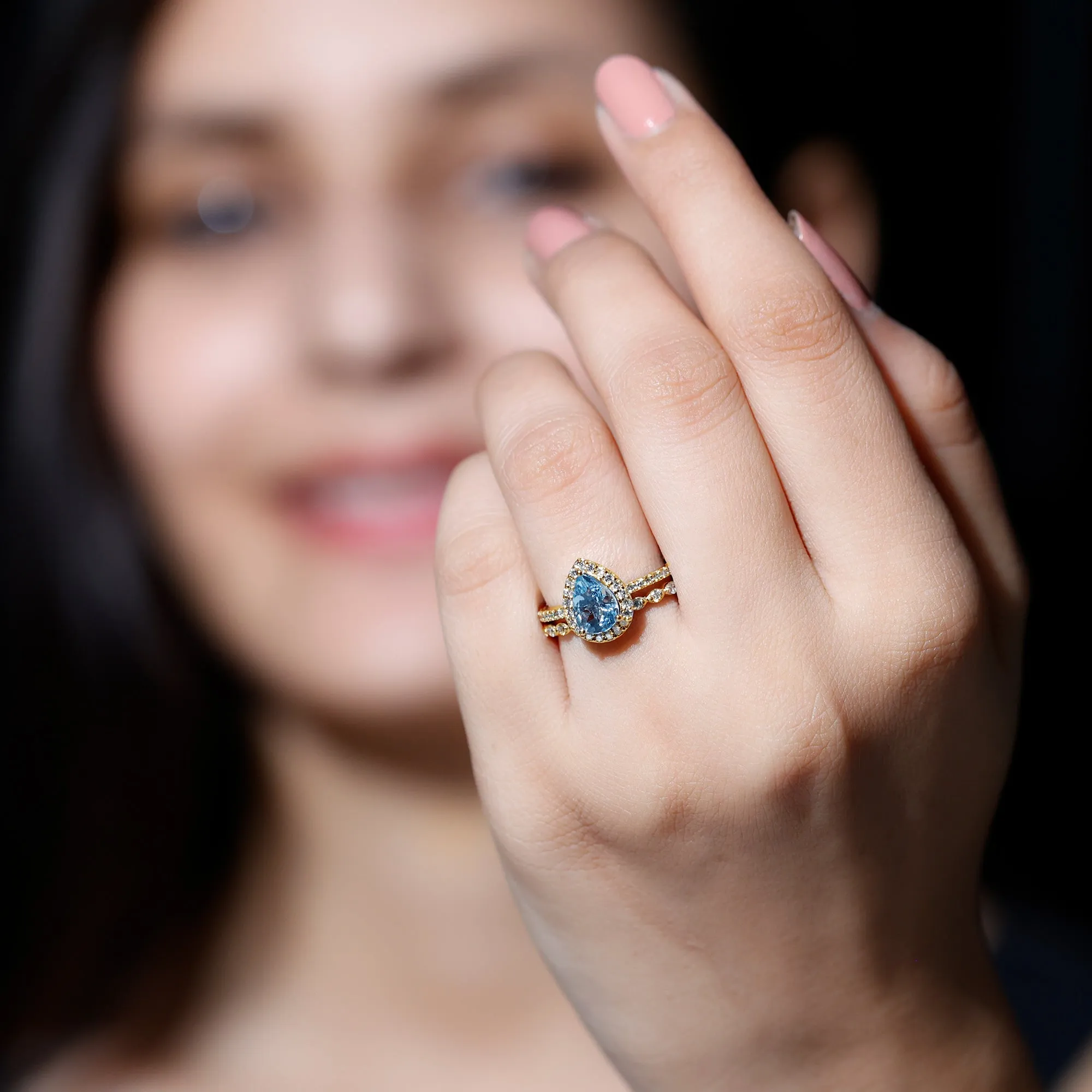 Teardrop Aquamarine Bridal Ring Set with Diamond