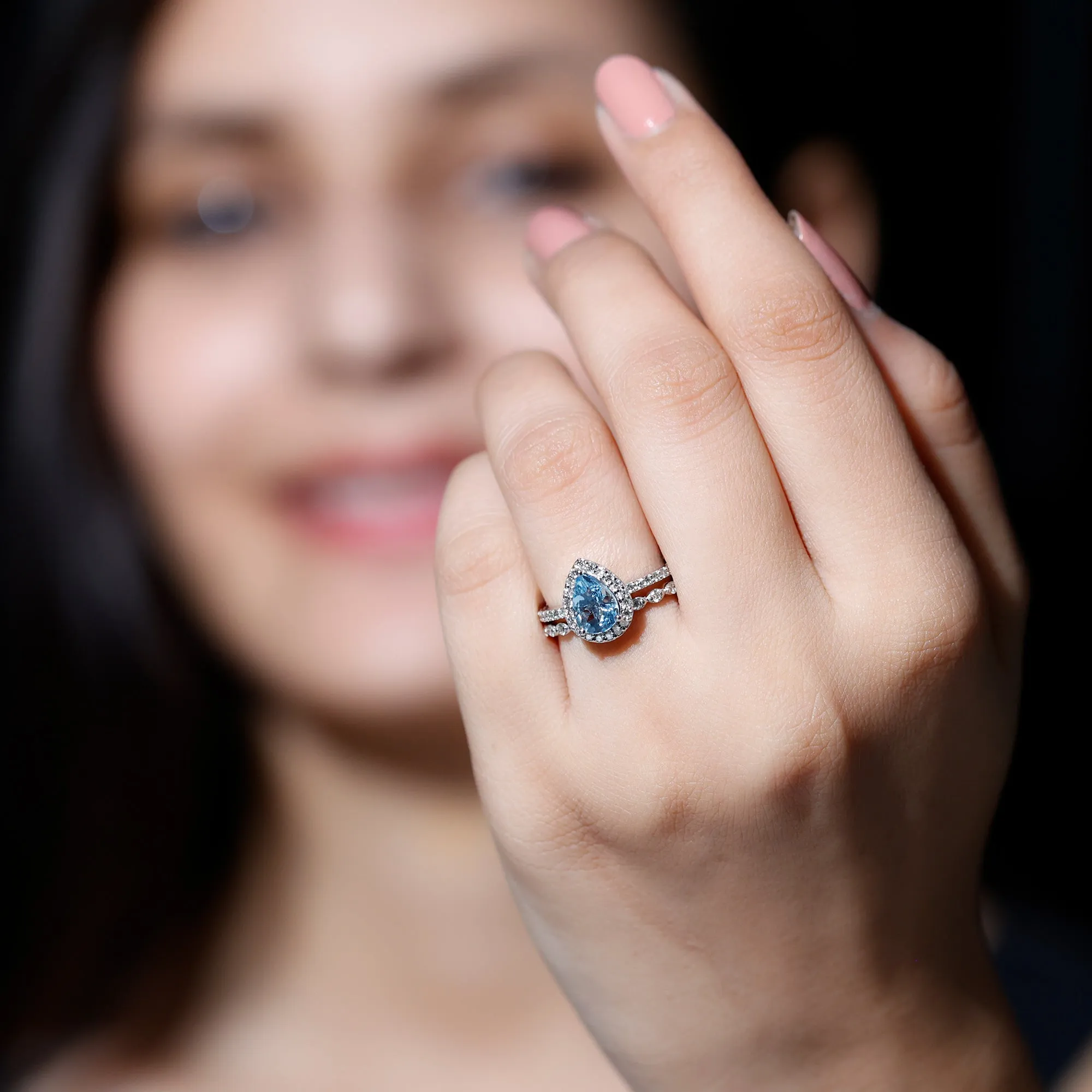 Teardrop Aquamarine Bridal Ring Set with Diamond