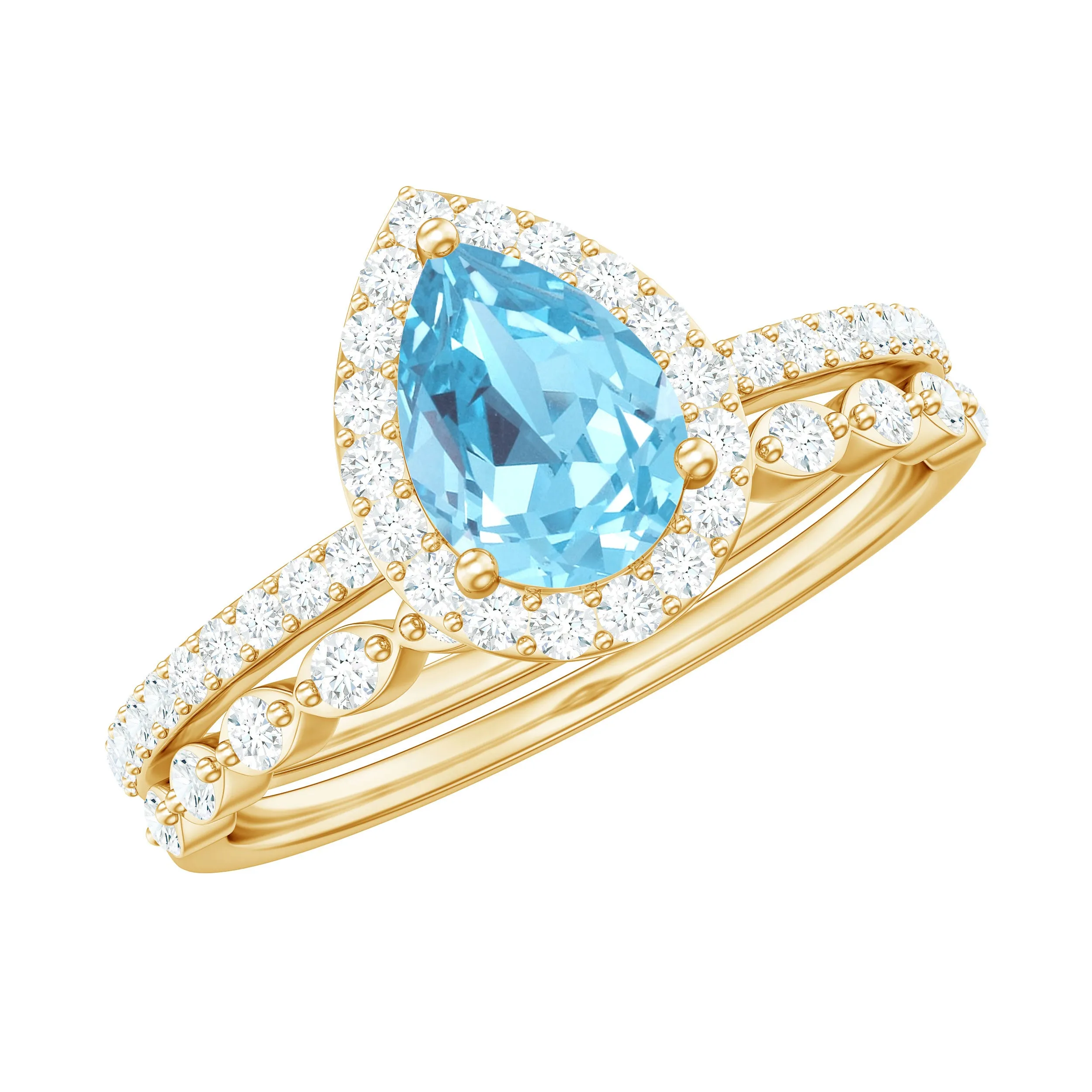 Teardrop Aquamarine Bridal Ring Set with Diamond